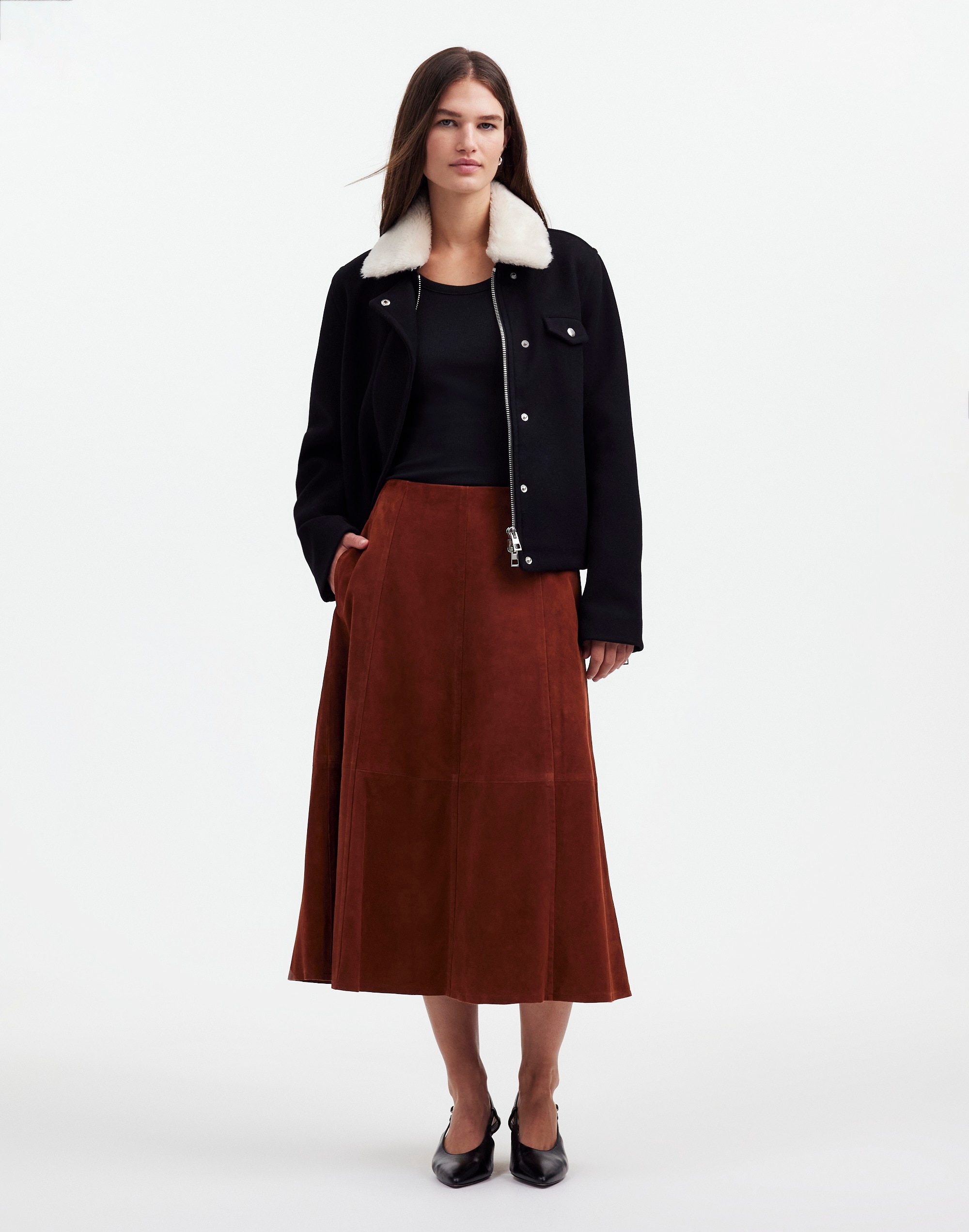 suede seamed midi skirt