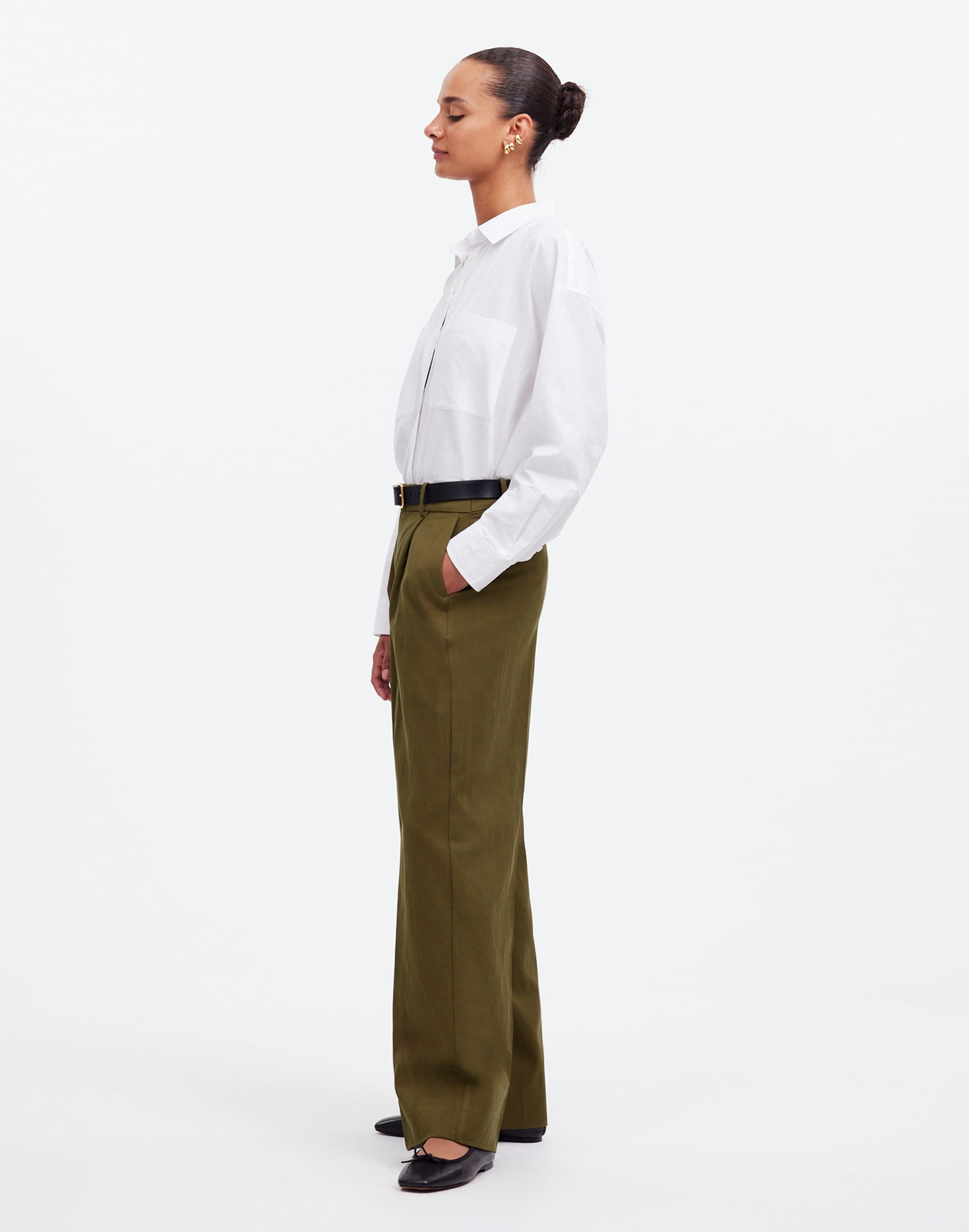 Slouchy Straight Pants in Drapey Twill in dark olive image 3