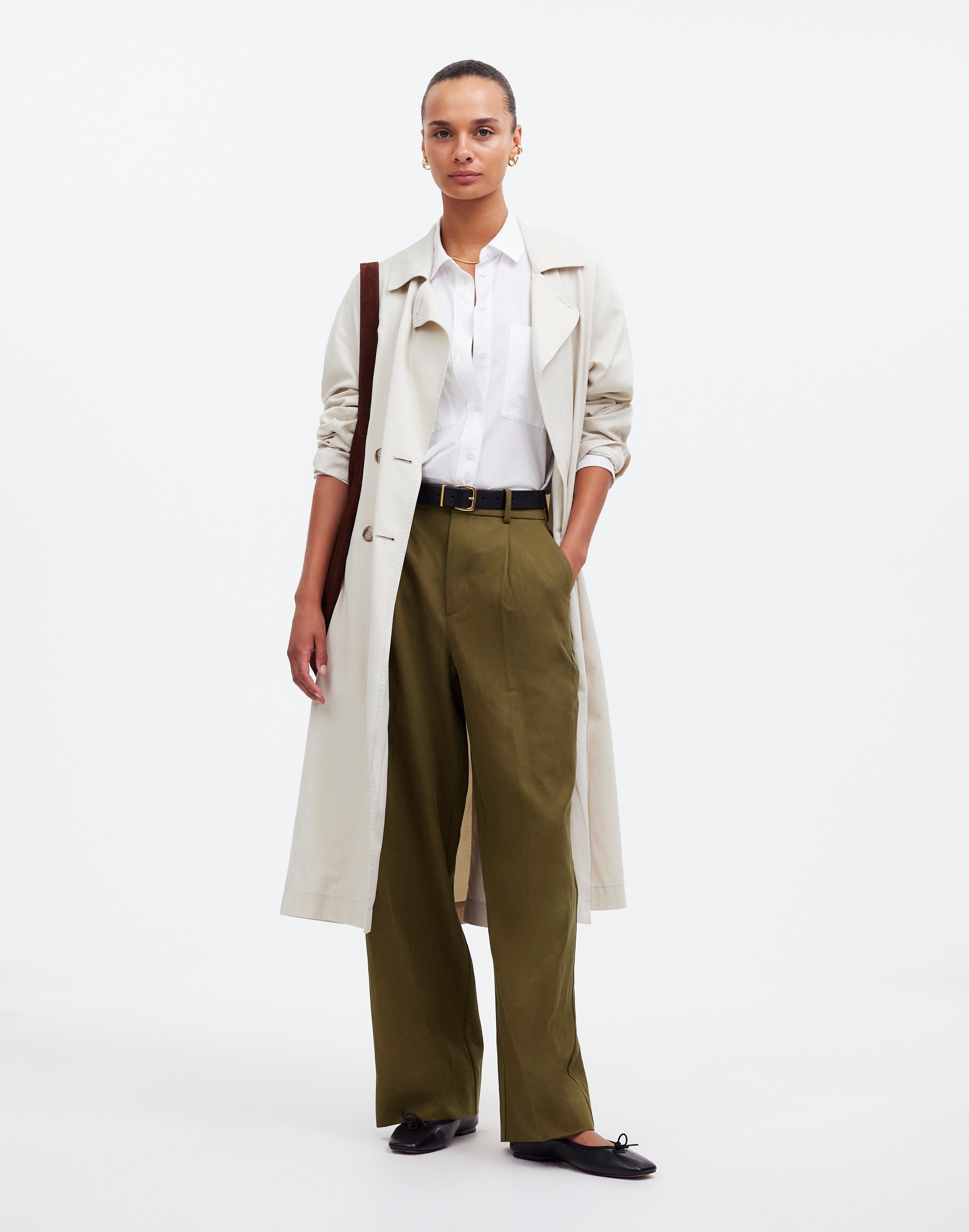 Slouchy Straight Pants in Drapey Twill in dark olive image 1