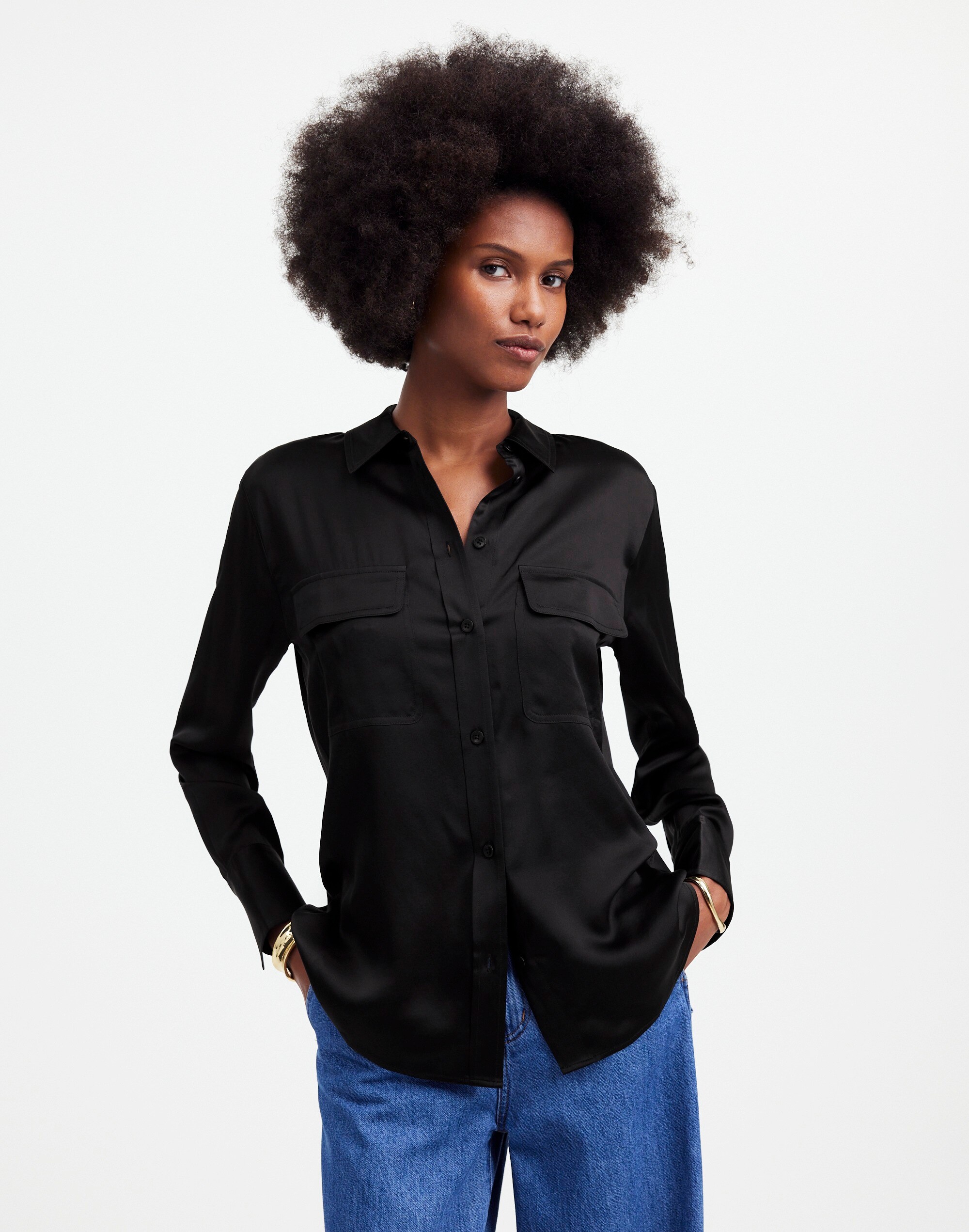 Silk Flap-Pocket Button-Up Shirt