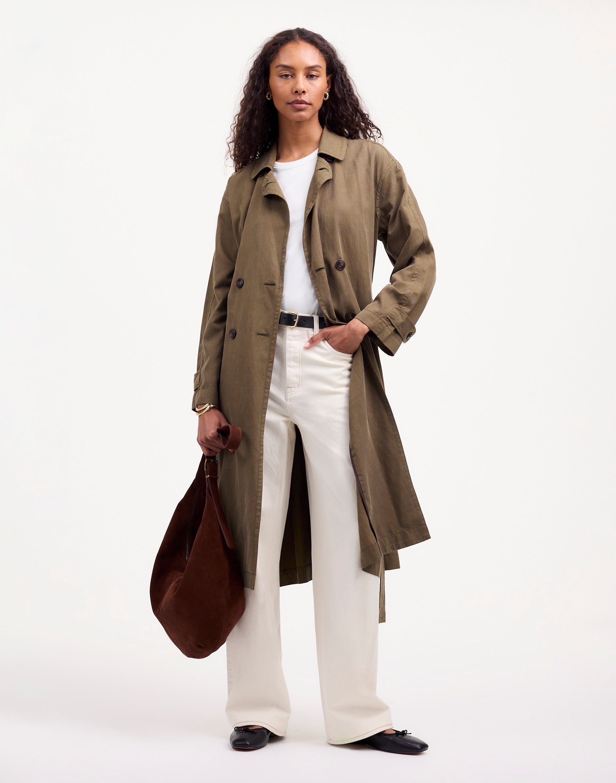 belted trench coat in drapey twill