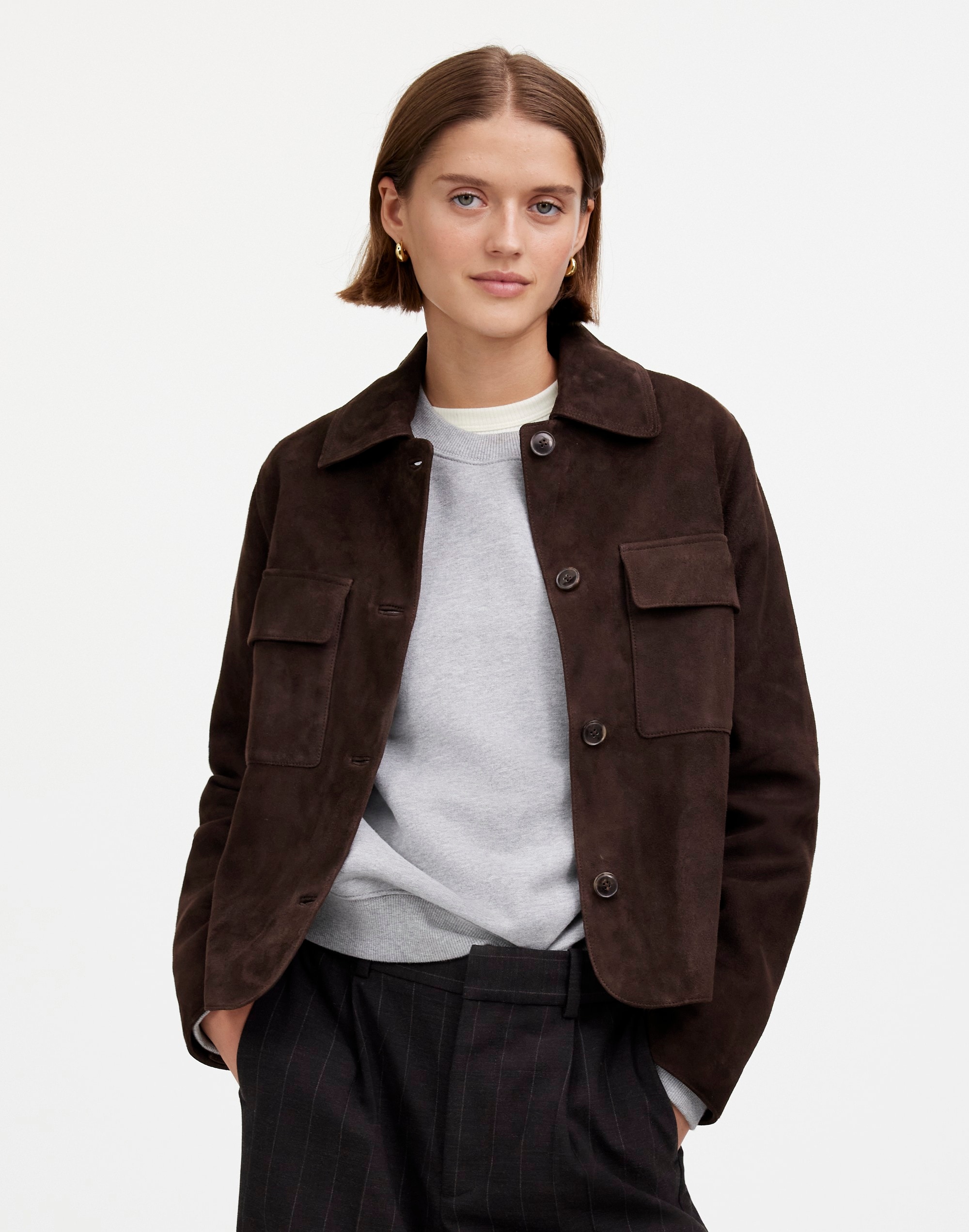 Stitched-Collar Shirt-Jacket in Suede
