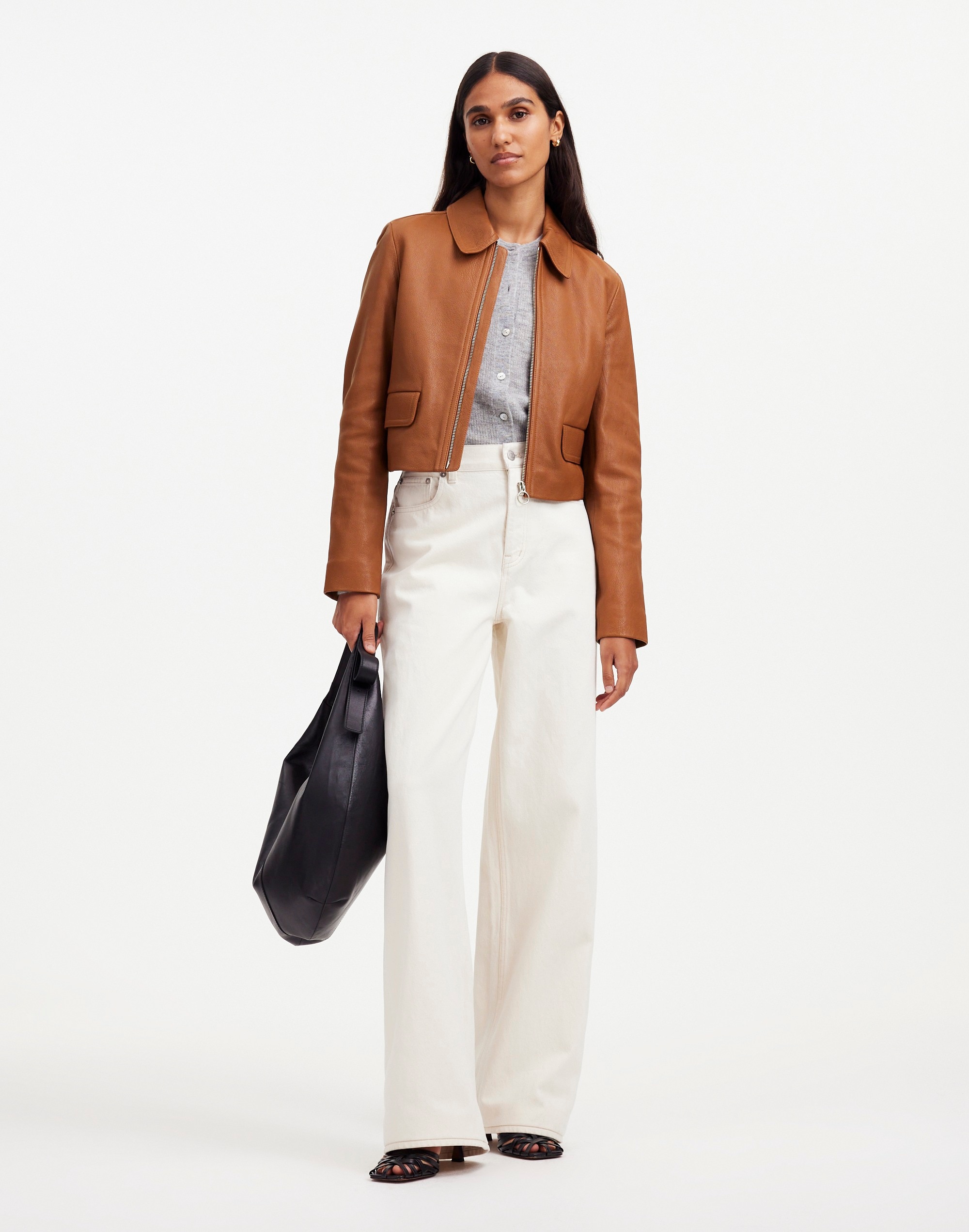 Shrunken Zip-Front Jacket in Leather