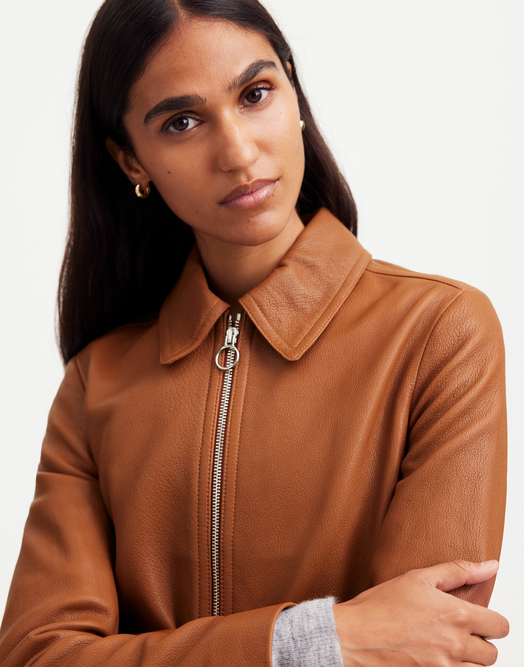 Shrunken Zip-Front Jacket in Leather