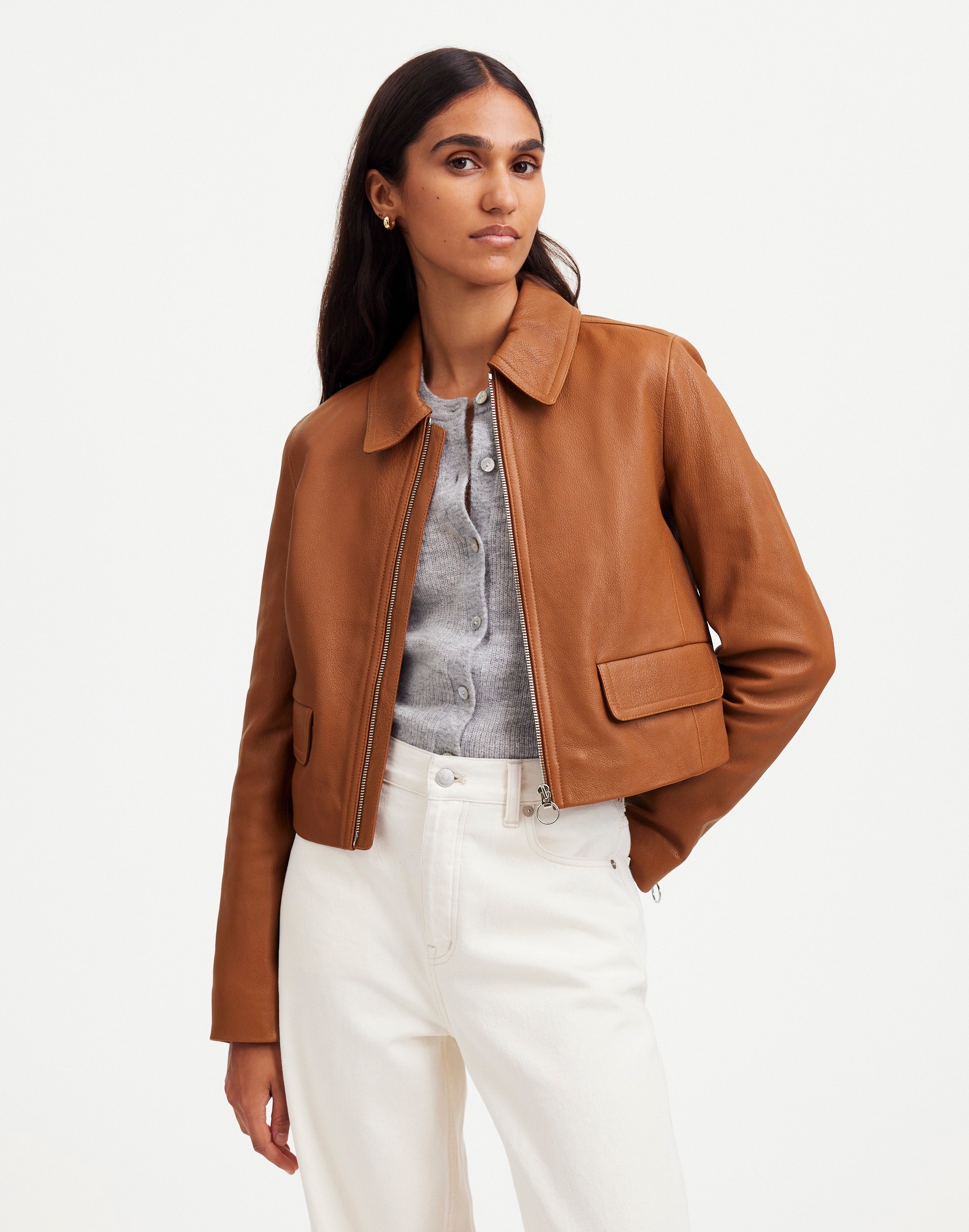 Shrunken Zip-Front Jacket in Leather