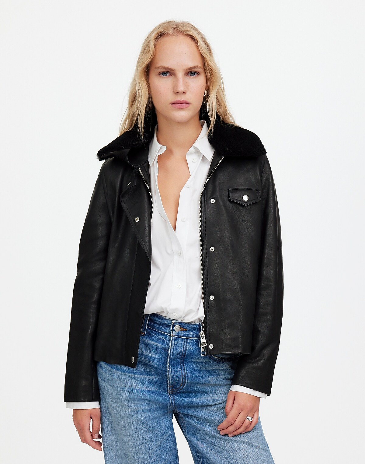 Sherpa-Collar Asymmetric Zip-Front Jacket in Leather
