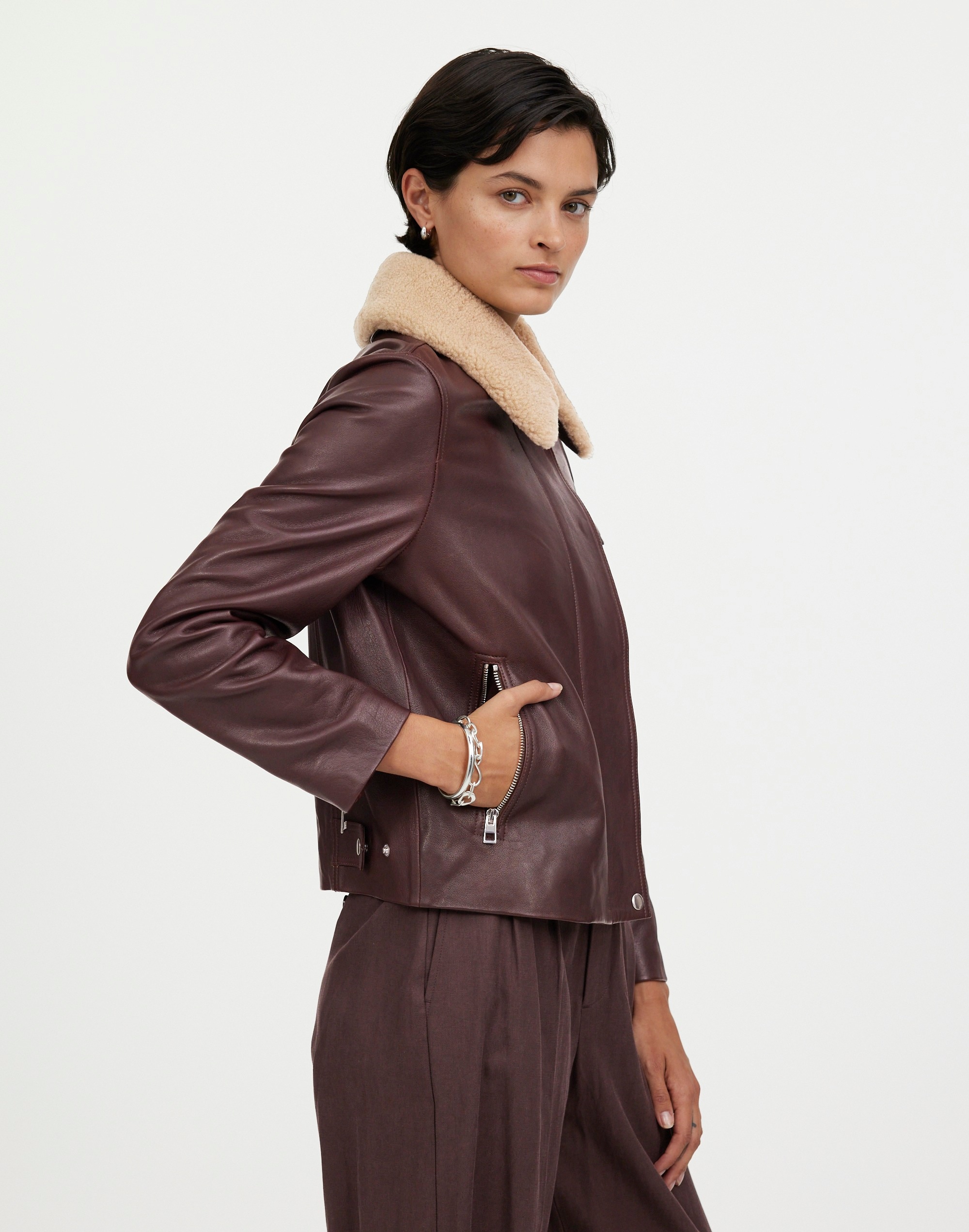 Sherpa-Collar Asymmetric Zip-Front Jacket in Leather