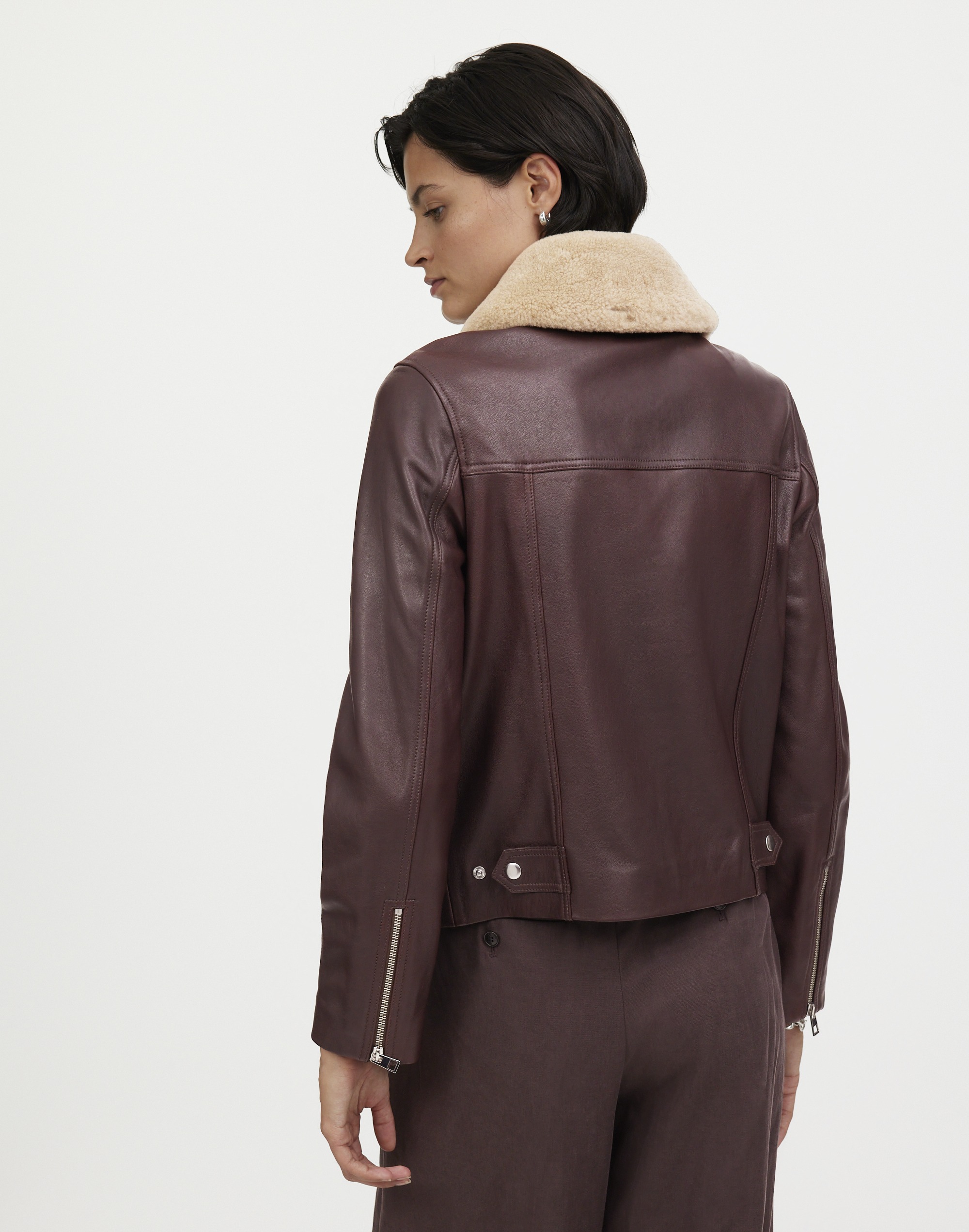 Sherpa-Collar Asymmetric Zip-Front Jacket in Leather