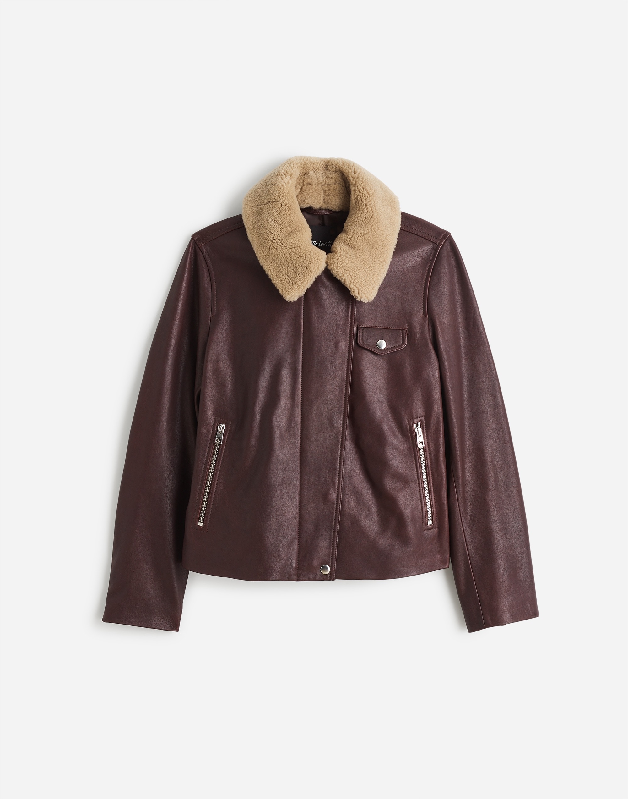 Sherpa-Collar Asymmetric Zip-Front Jacket in Leather