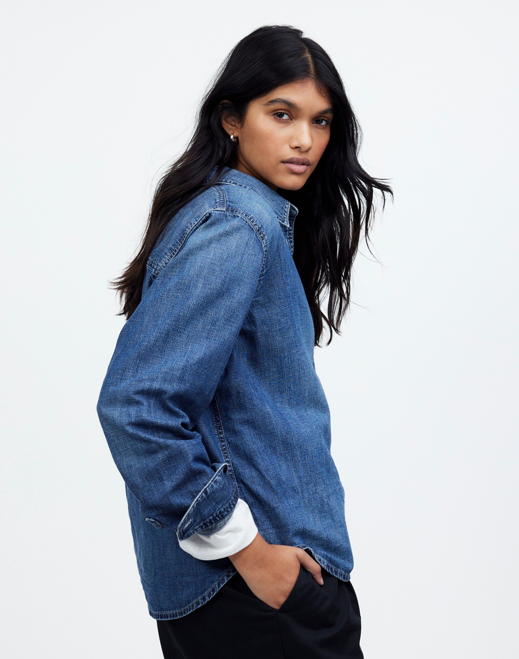 Plus Denim Tuckable Button-Up Shirt in Hillsborough Wash