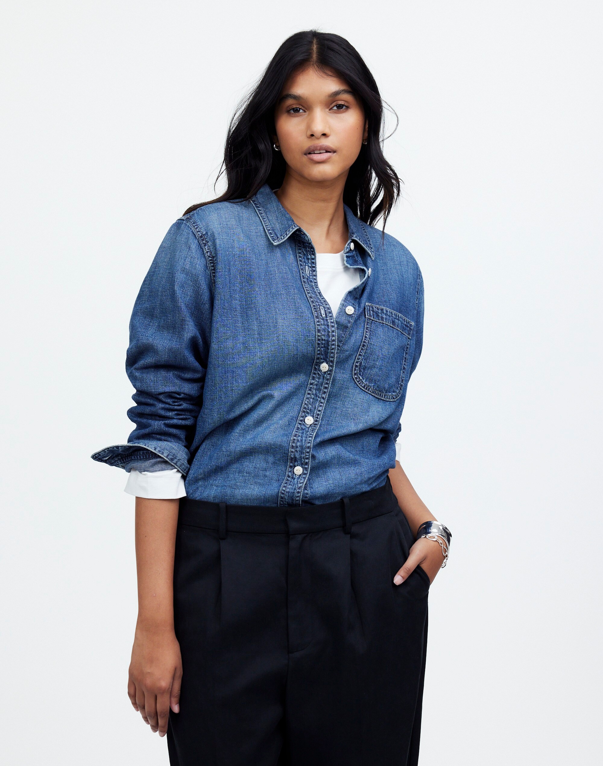 Plus Denim Tuckable Button-Up Shirt in Hillsborough Wash
