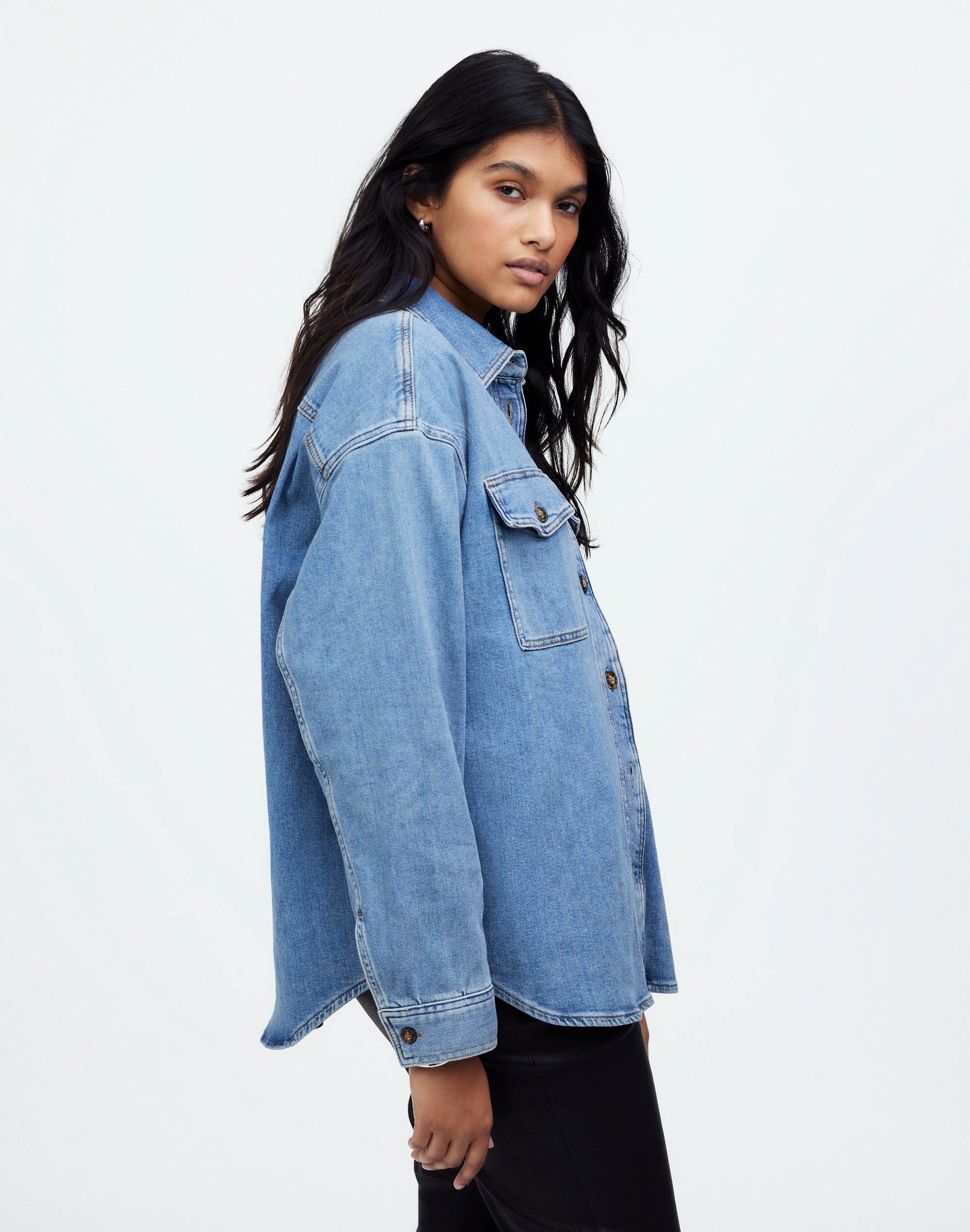 Plus Denim Long-Sleeve Button-Up Shirt in Blissfield Wash Alternate Image 1