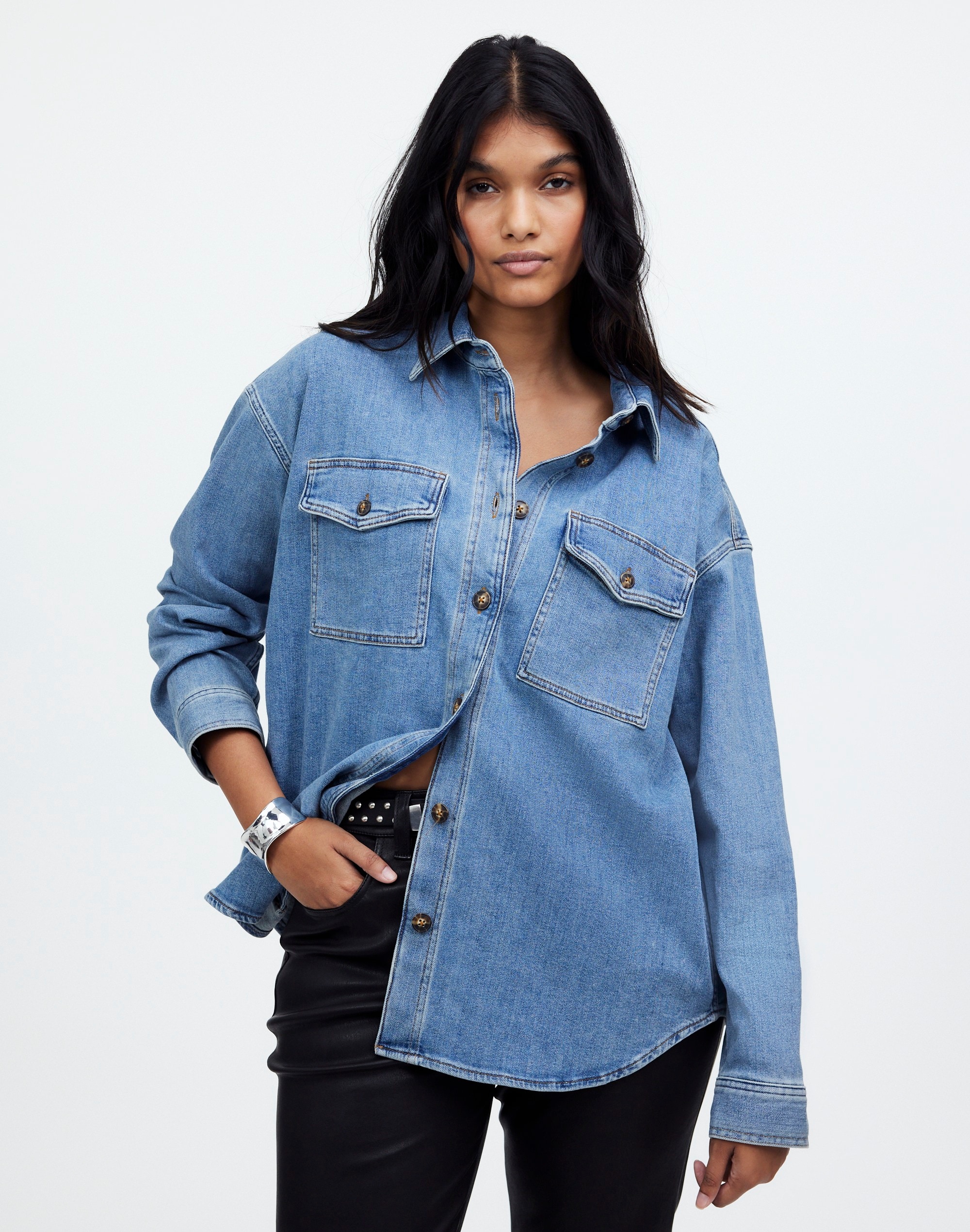 Plus Denim Long-Sleeve Button-Up Shirt in Blissfield Wash