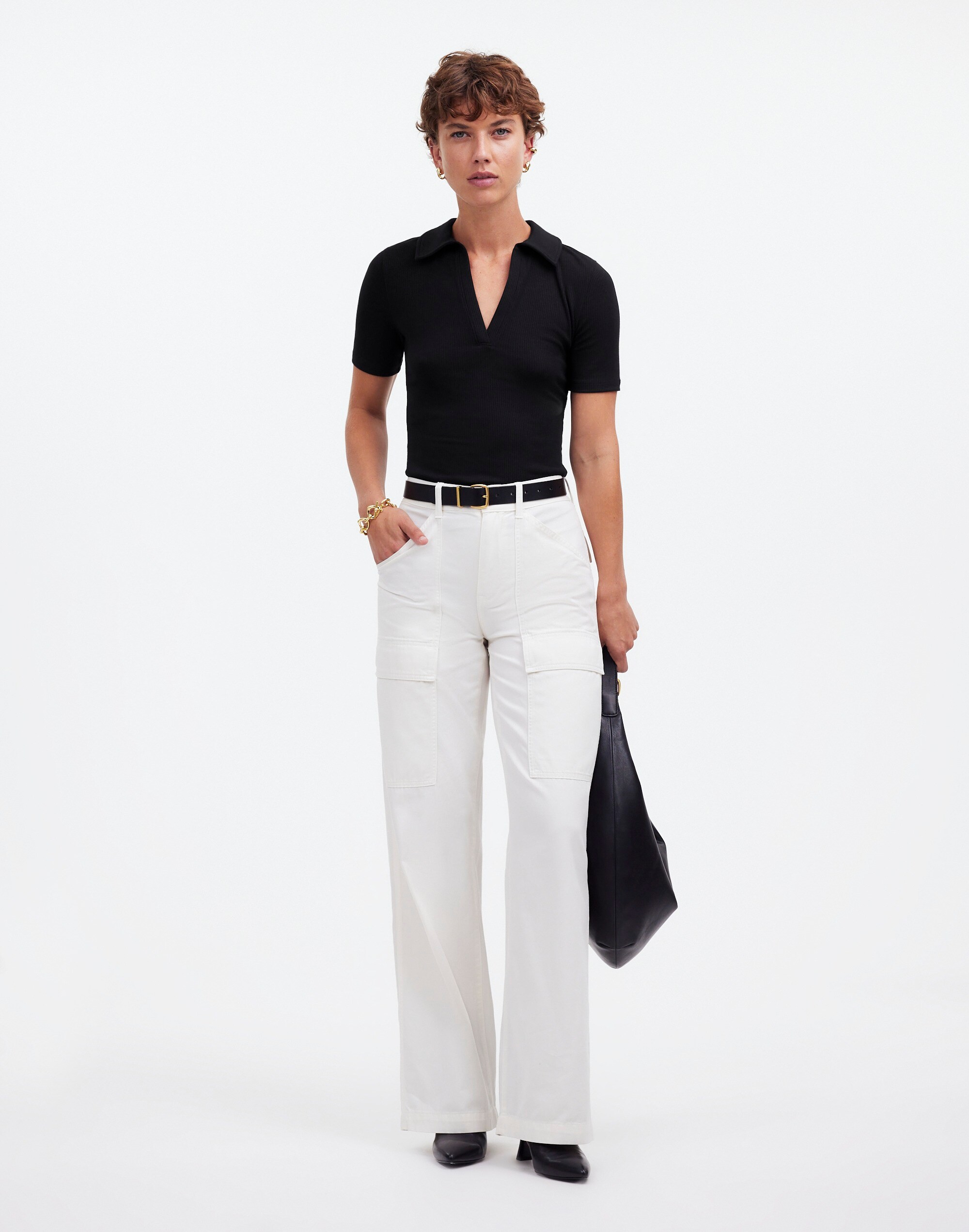 Drapey Rib Short-Sleeve Polo Top