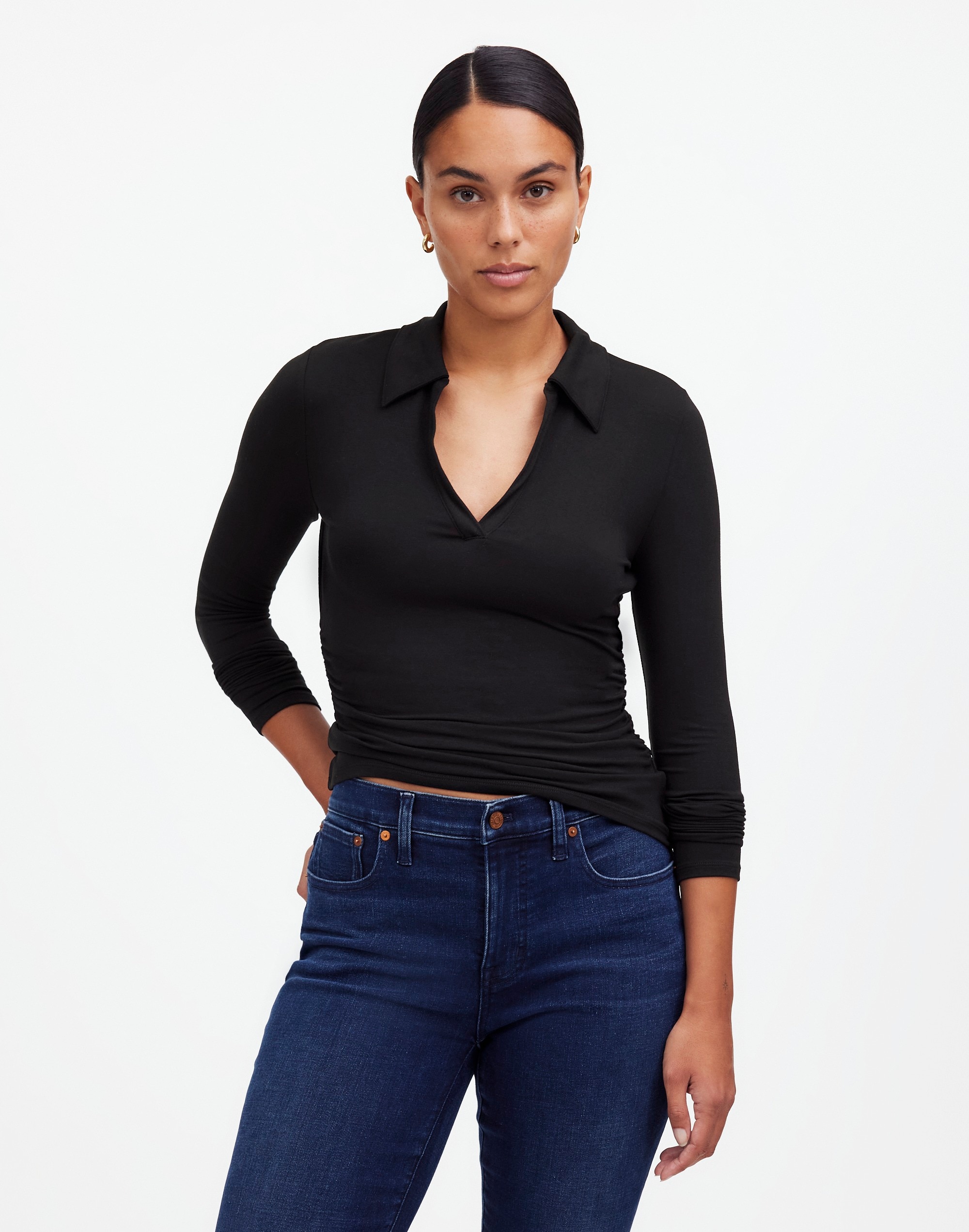side-cinch long-sleeve polo top