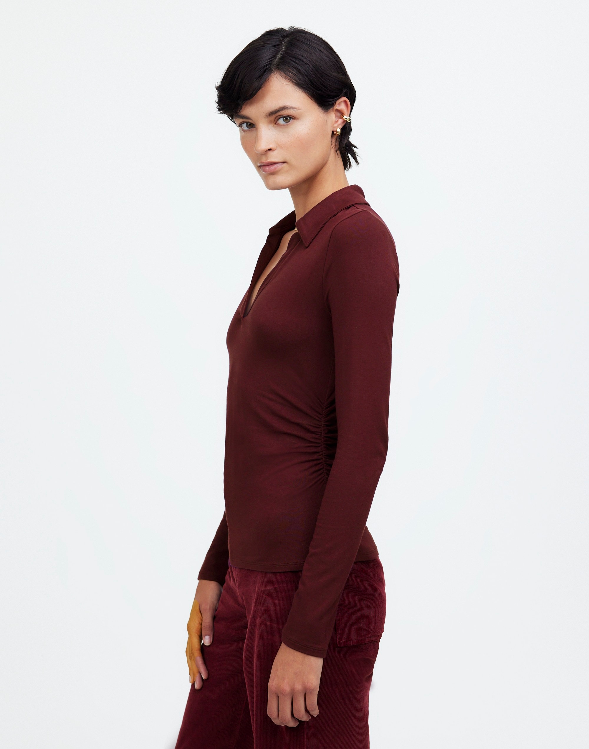 Side-Cinch Long-Sleeve Polo Top