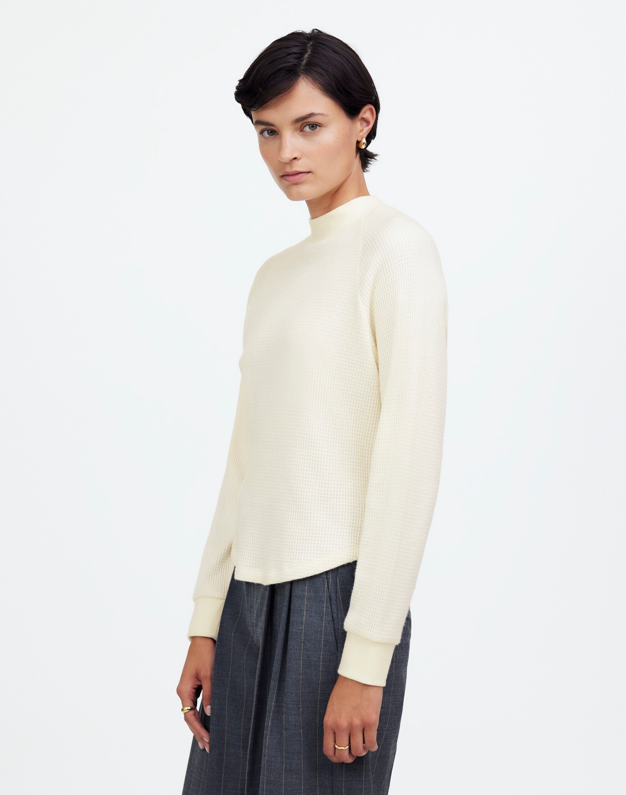 Waffle-Knit Long-Sleeve Crewneck Tee