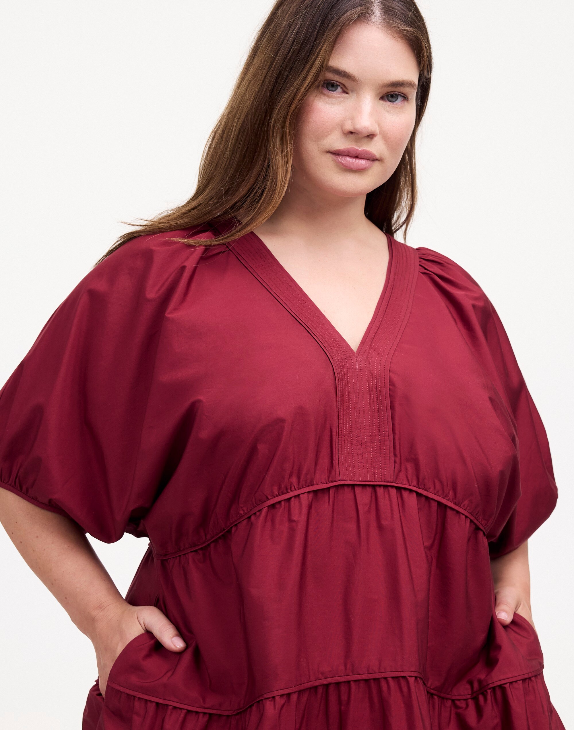 Plus Puff-Sleeve Mini Dress in Poplin