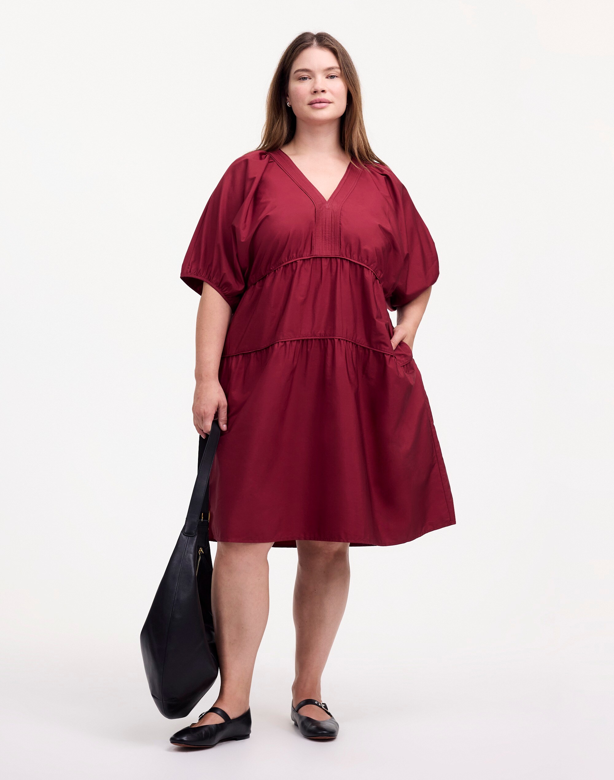 Plus Puff-Sleeve Mini Dress in Poplin