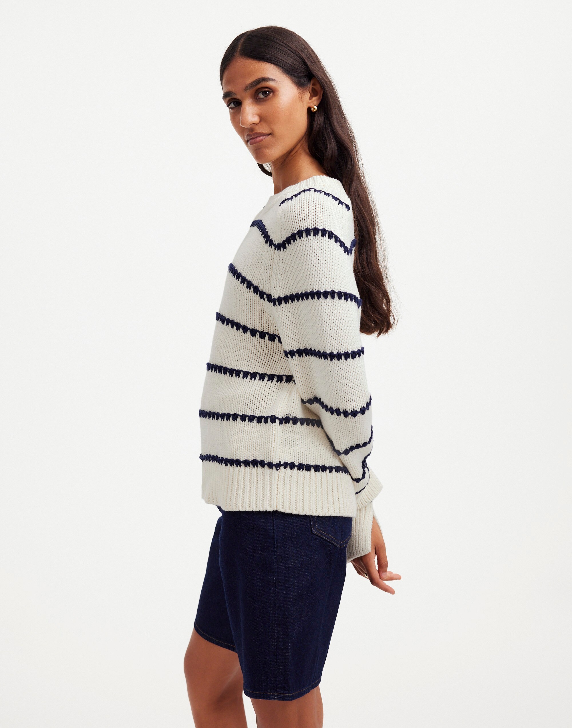 Textured Cotton Crewneck Sweater in Stripe