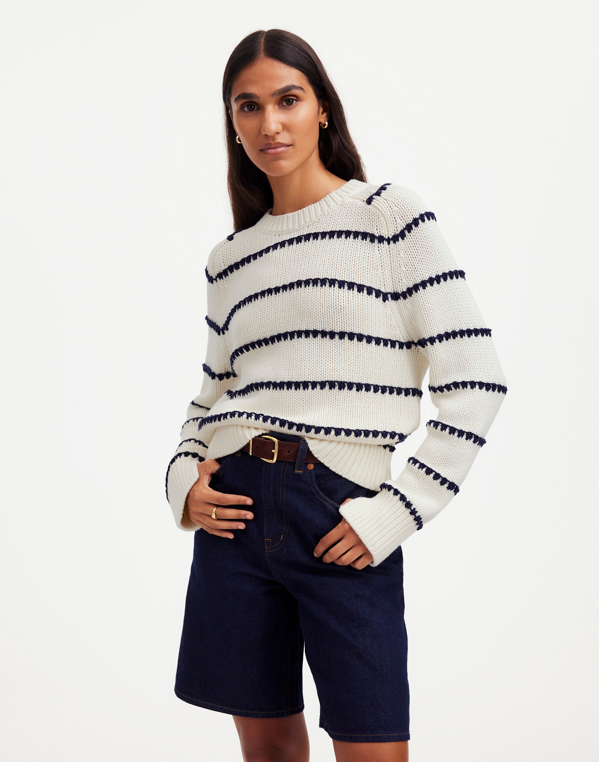 Textured Cotton Crewneck Sweater in Stripe
