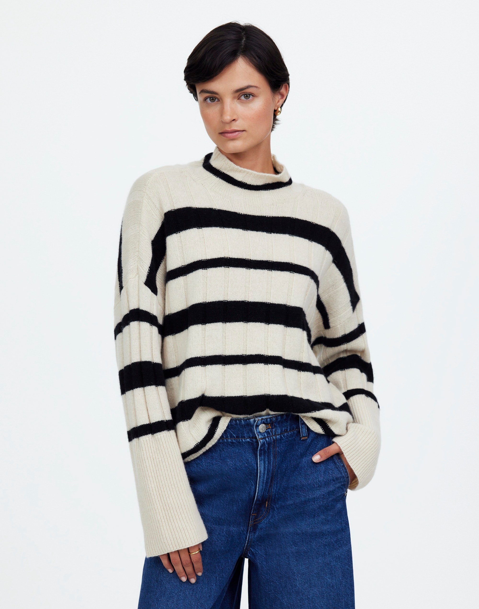 ribbed cashmere-wool blend pullover sweater in stripe