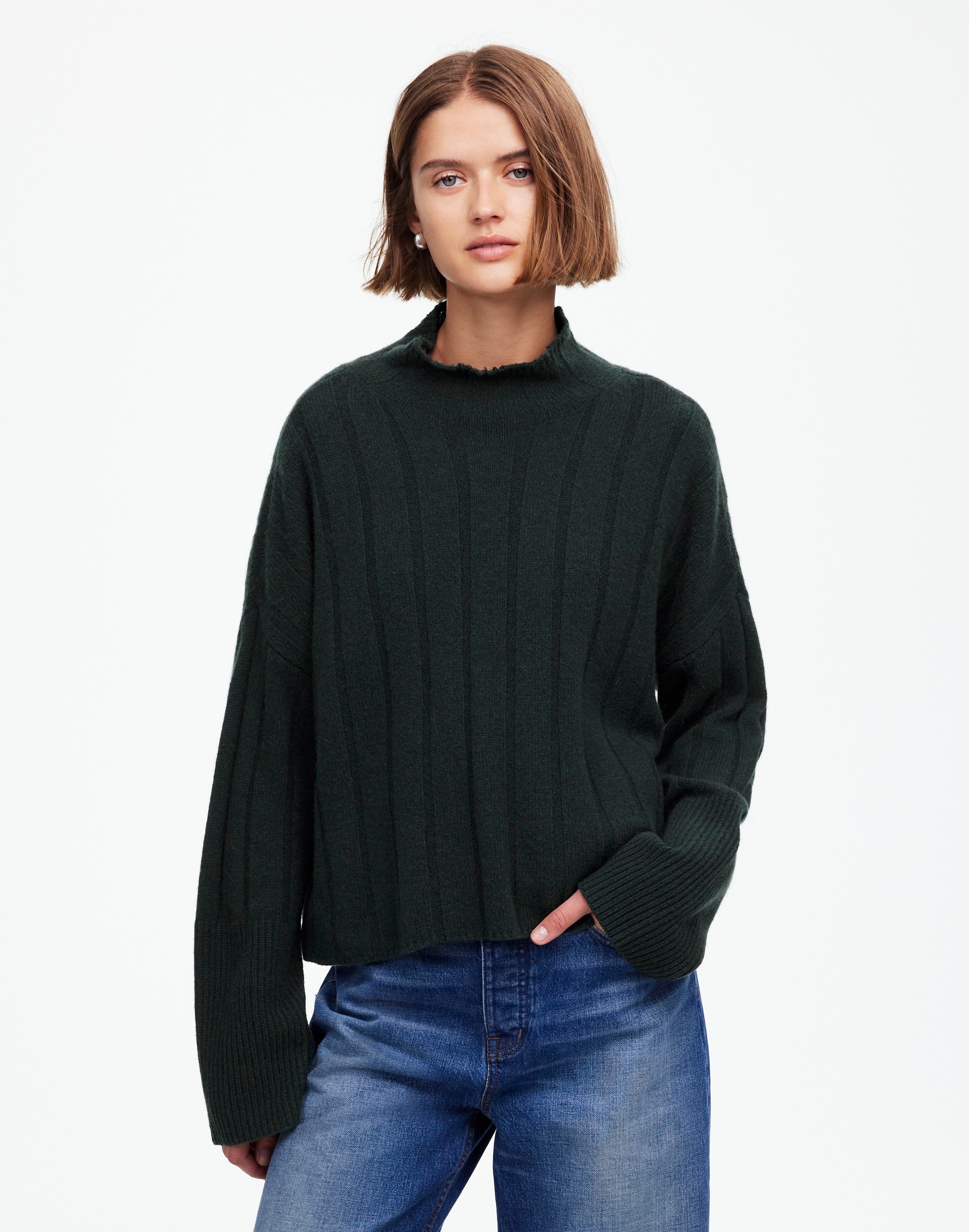 Ribbed Cashmere-Wool Blend Pullover Sweater