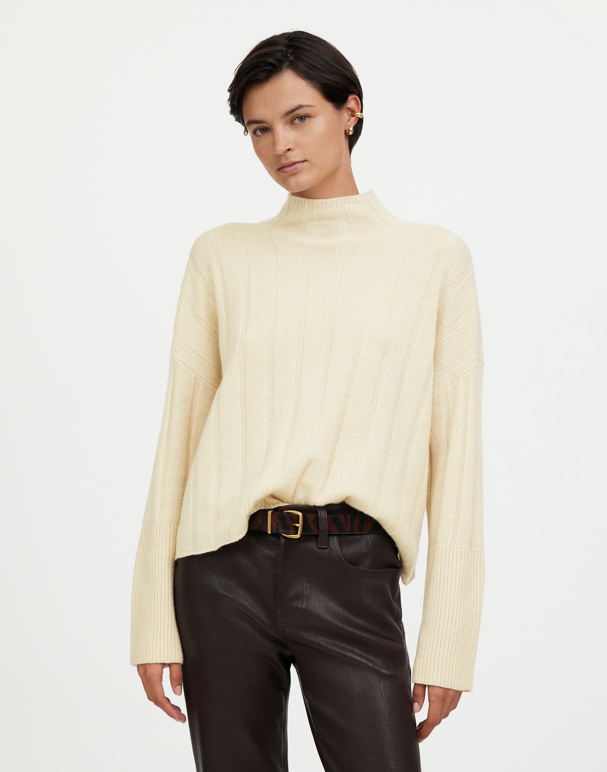 Ribbed Cashmere-Wool Blend Pullover Sweater