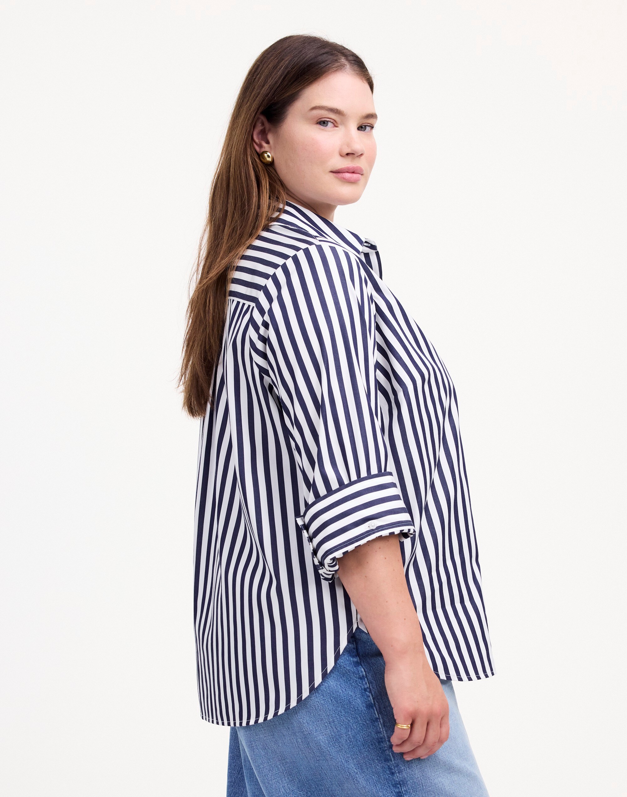 Plus Easy Y-Neck Button-Up Shirt in Striped Plainweave in dark midnight image 3