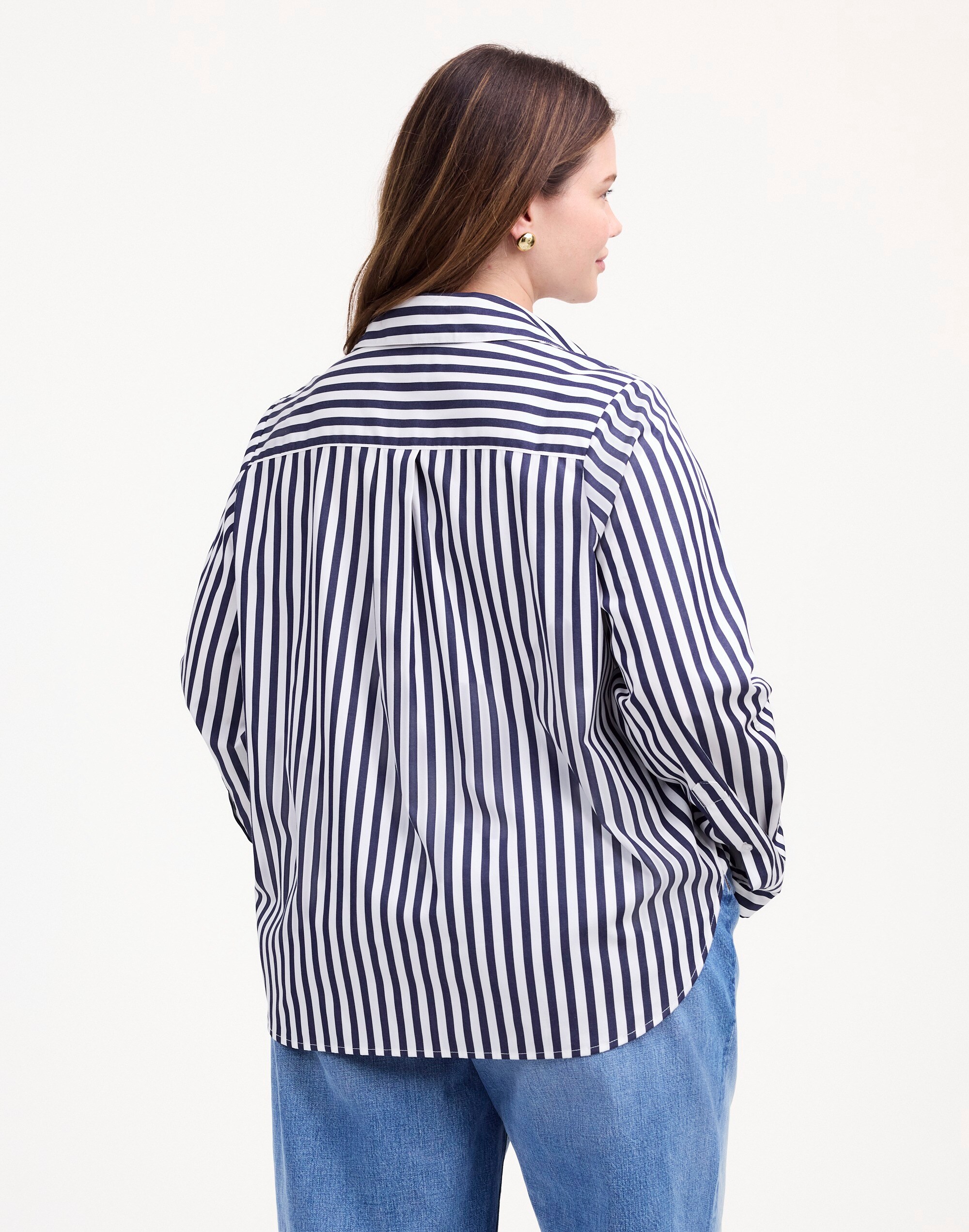 Plus Easy Y-Neck Button-Up Shirt in Striped Plainweave in dark midnight image 4