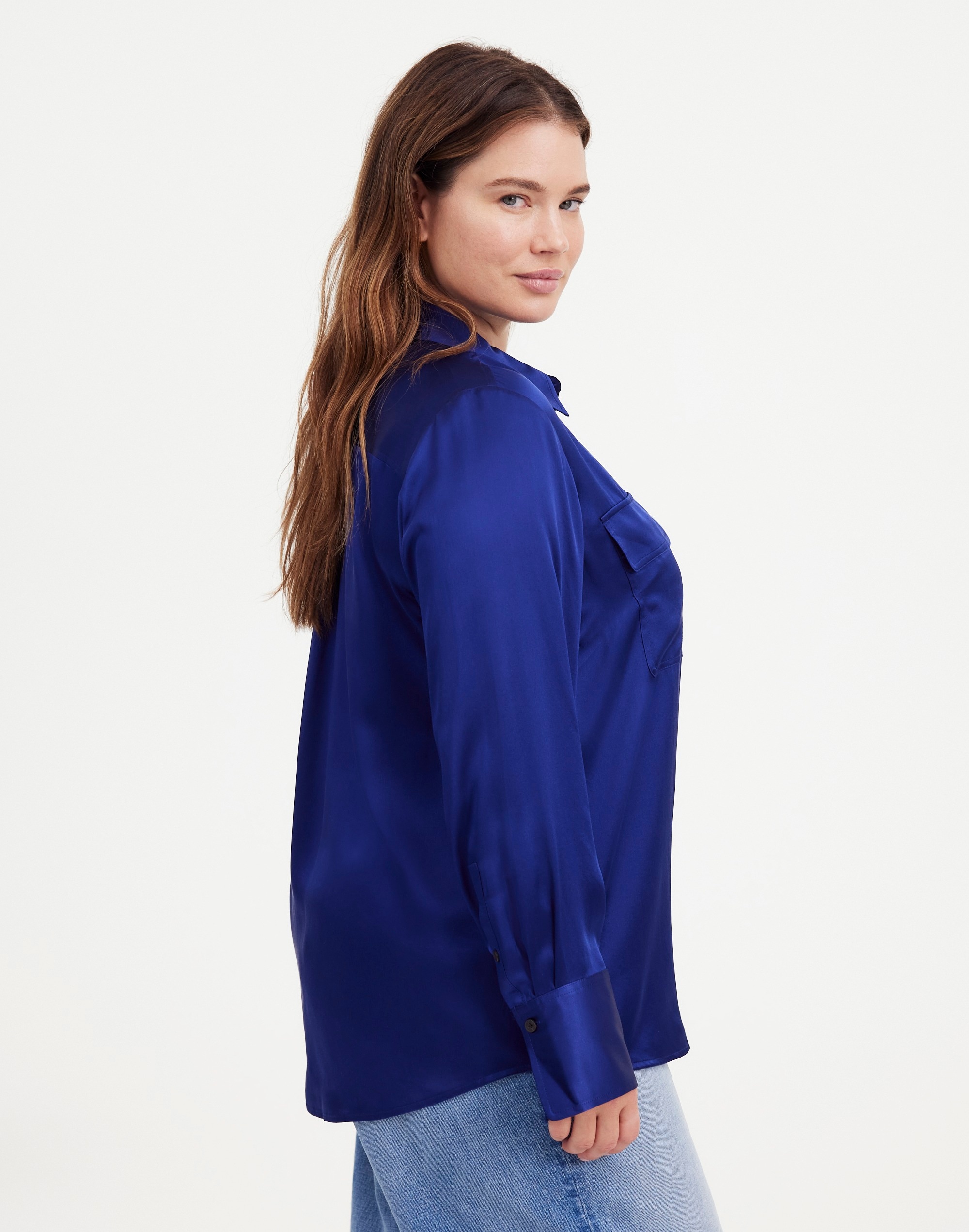 Plus Silk Flap-Pocket Button-Up Shirt
