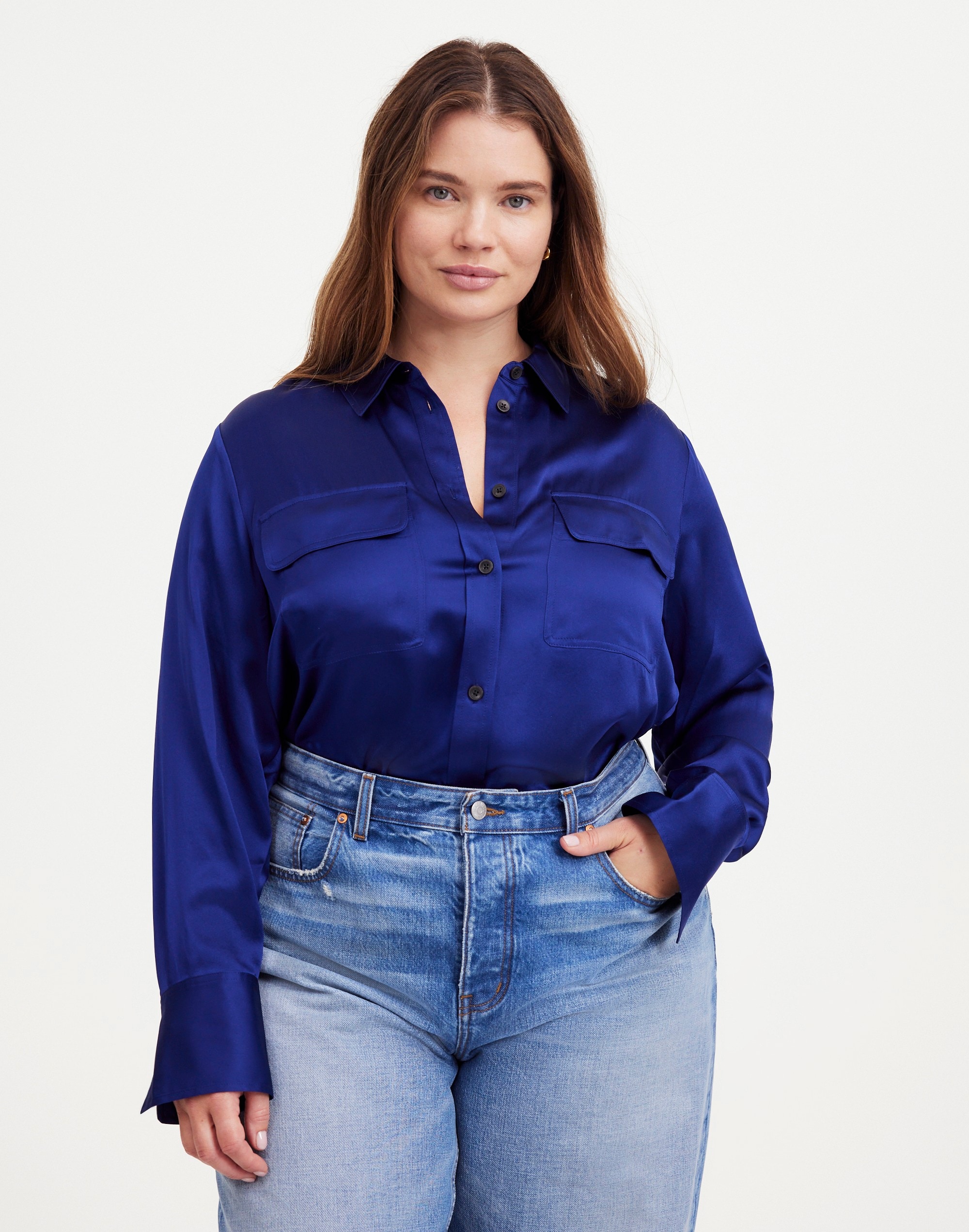 Plus Silk Flap-Pocket Button-Up Shirt