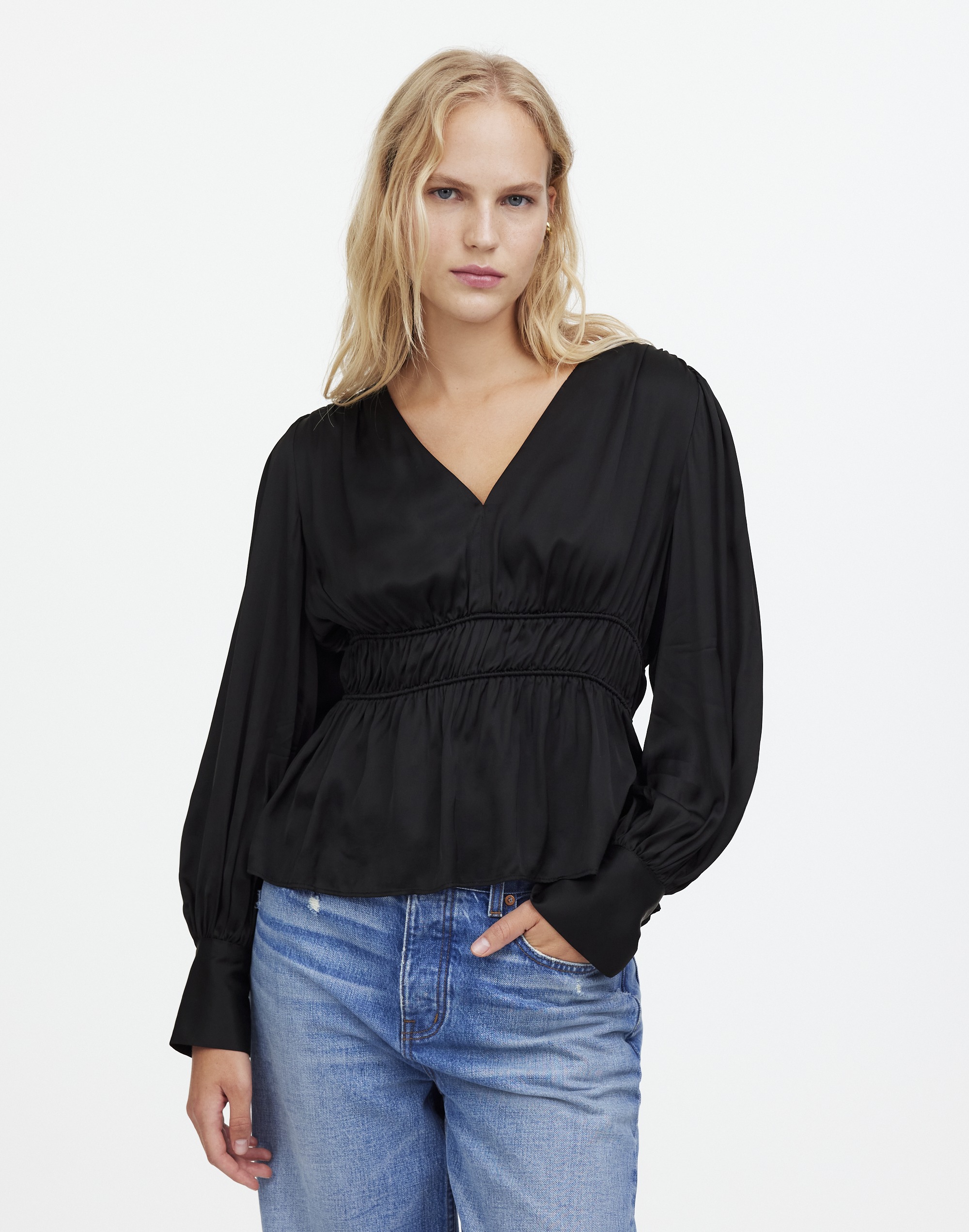 long-sleeve peplum top in satin