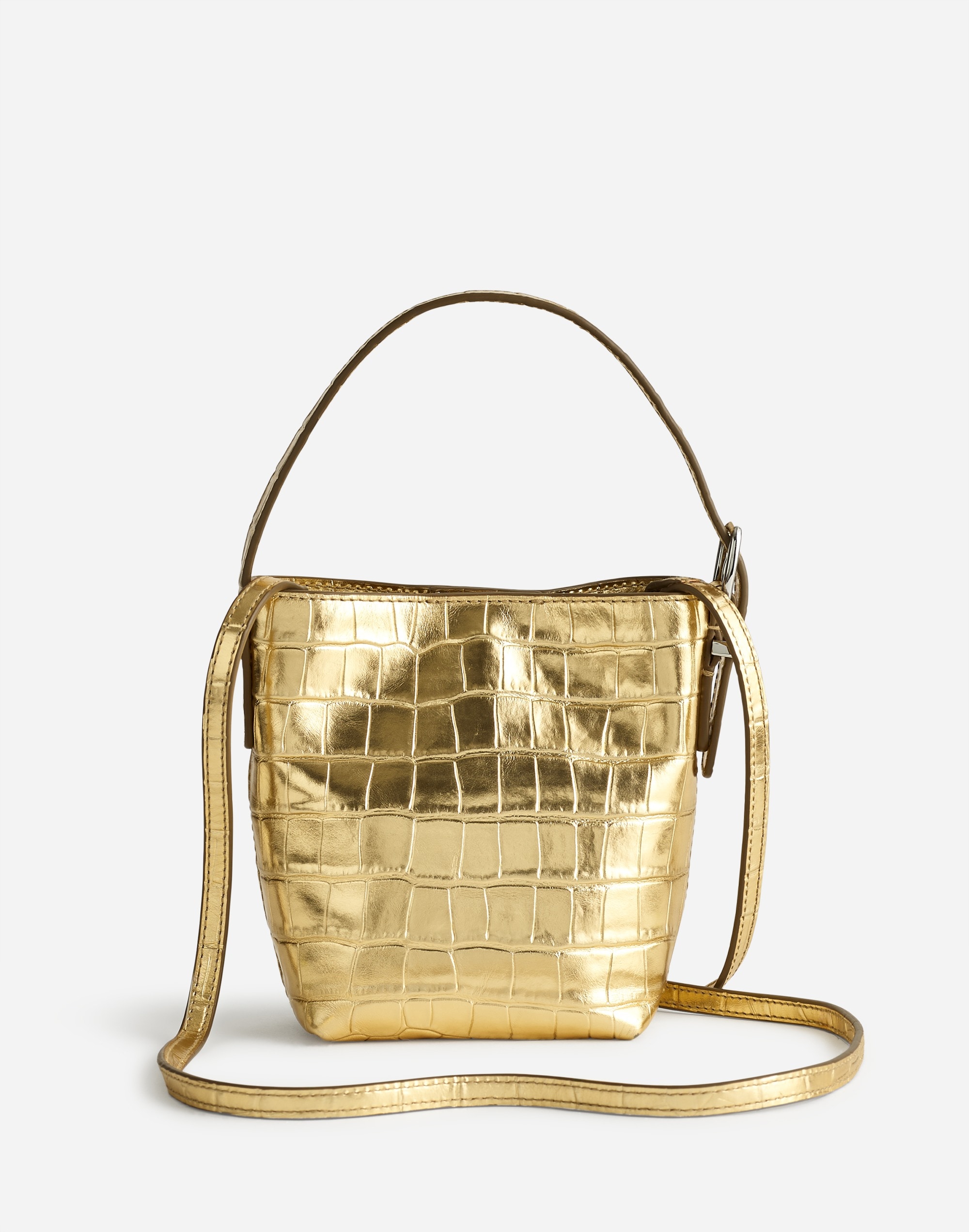 the essential micro bucket tote in metallic stamped leather