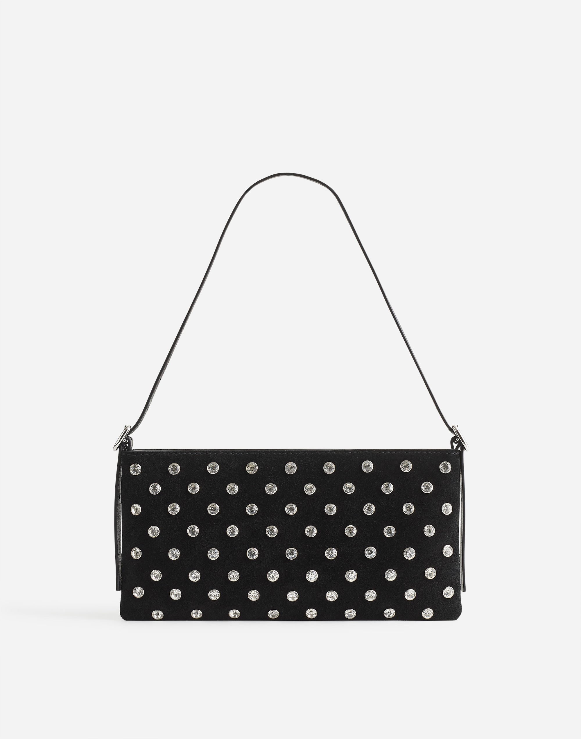 the sculptural-buckle mini shoulder bag in crystal-embellished suede