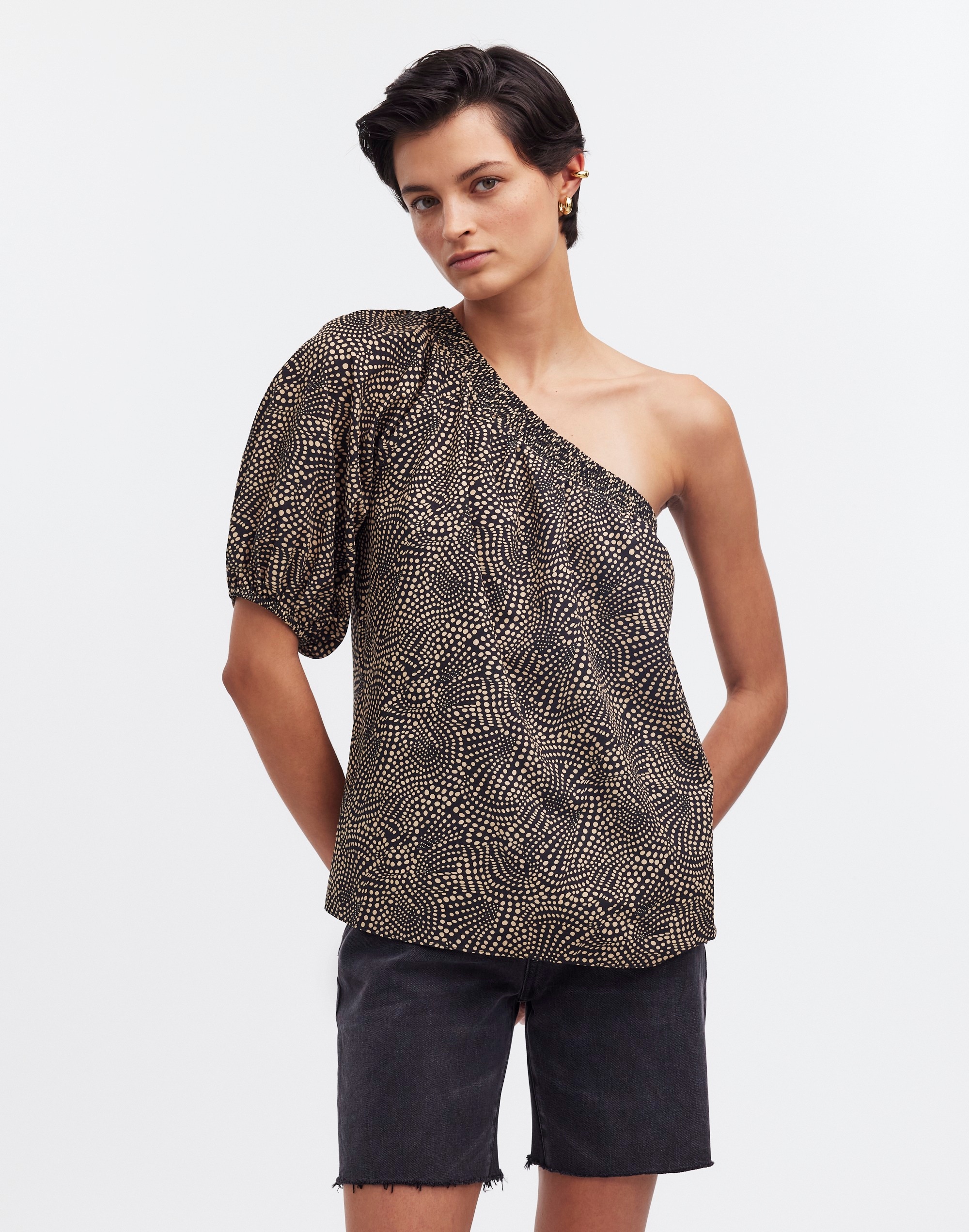 one-shoulder puff-sleeve top