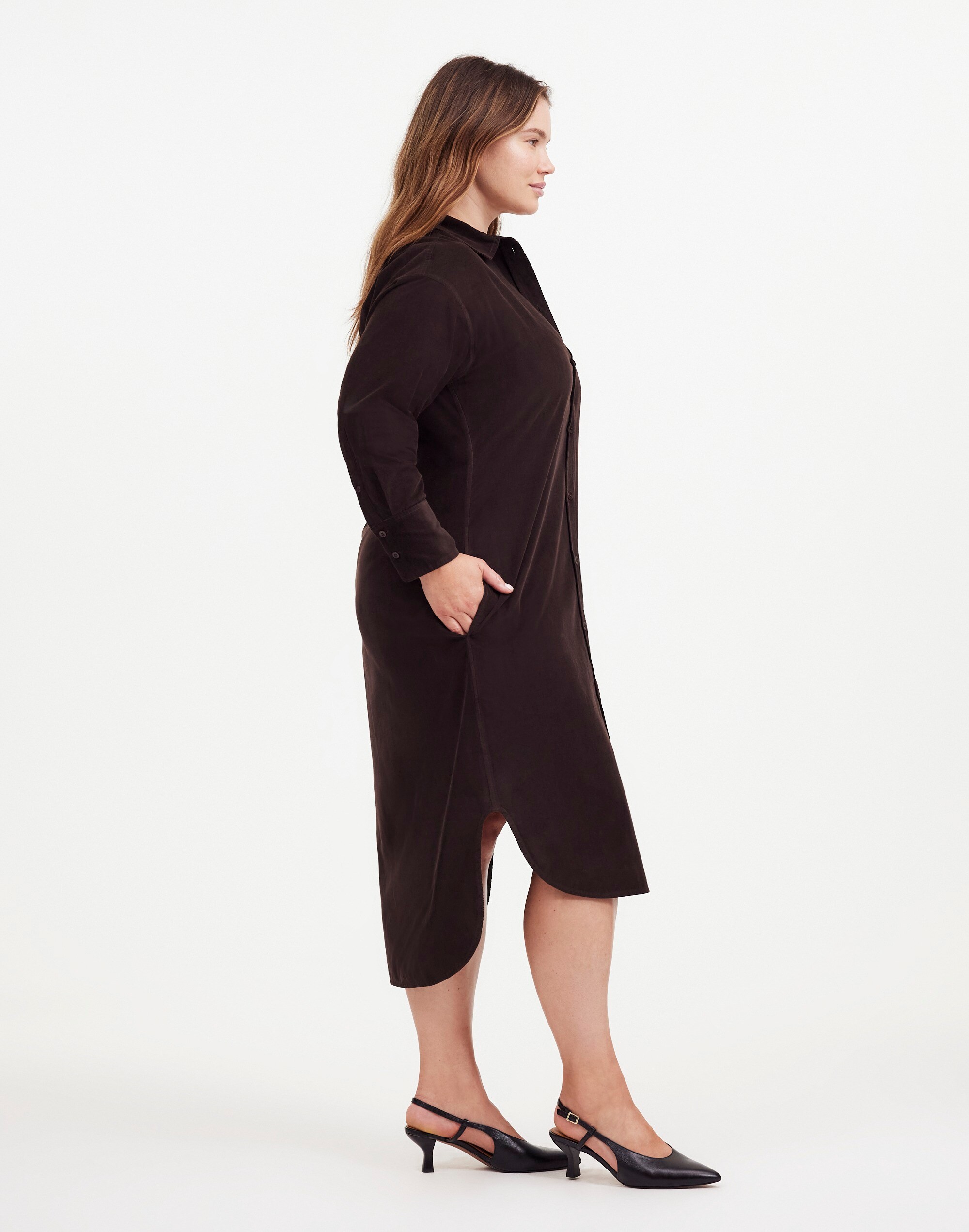 Plus Corduroy Long-Sleeve Midi Shirtdress