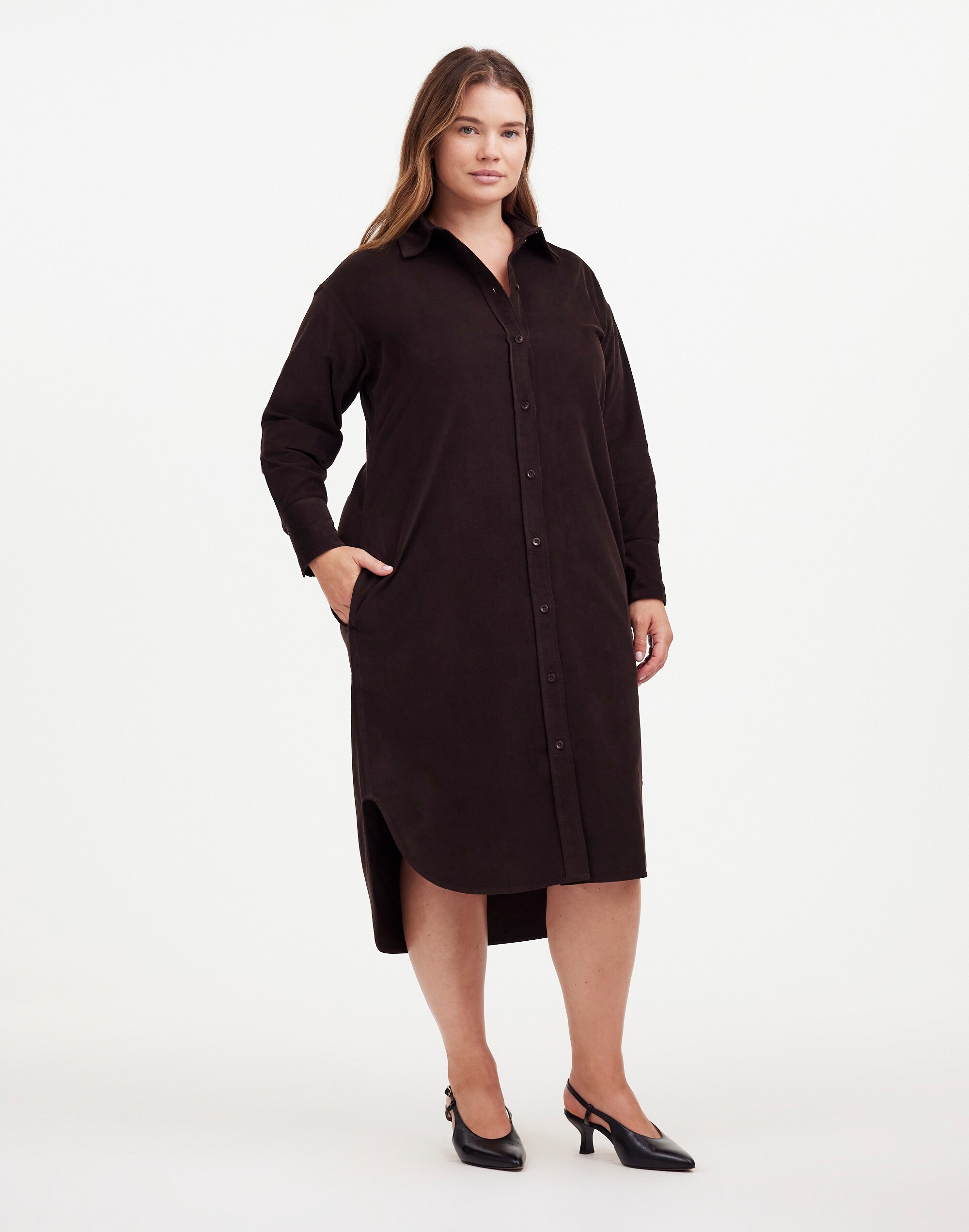 Plus Corduroy Long-Sleeve Midi Shirtdress