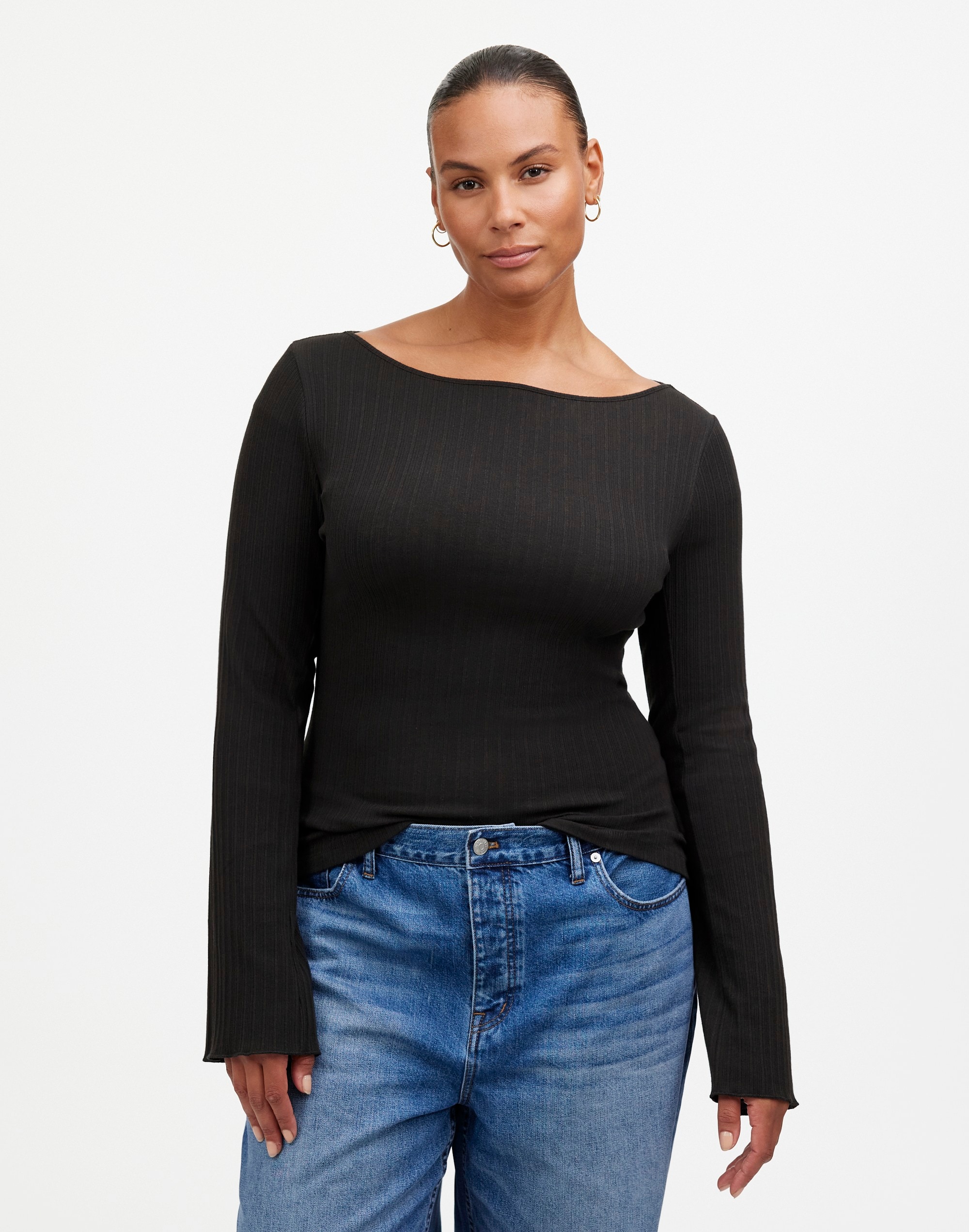 ribbed long-sleeve boatneck top