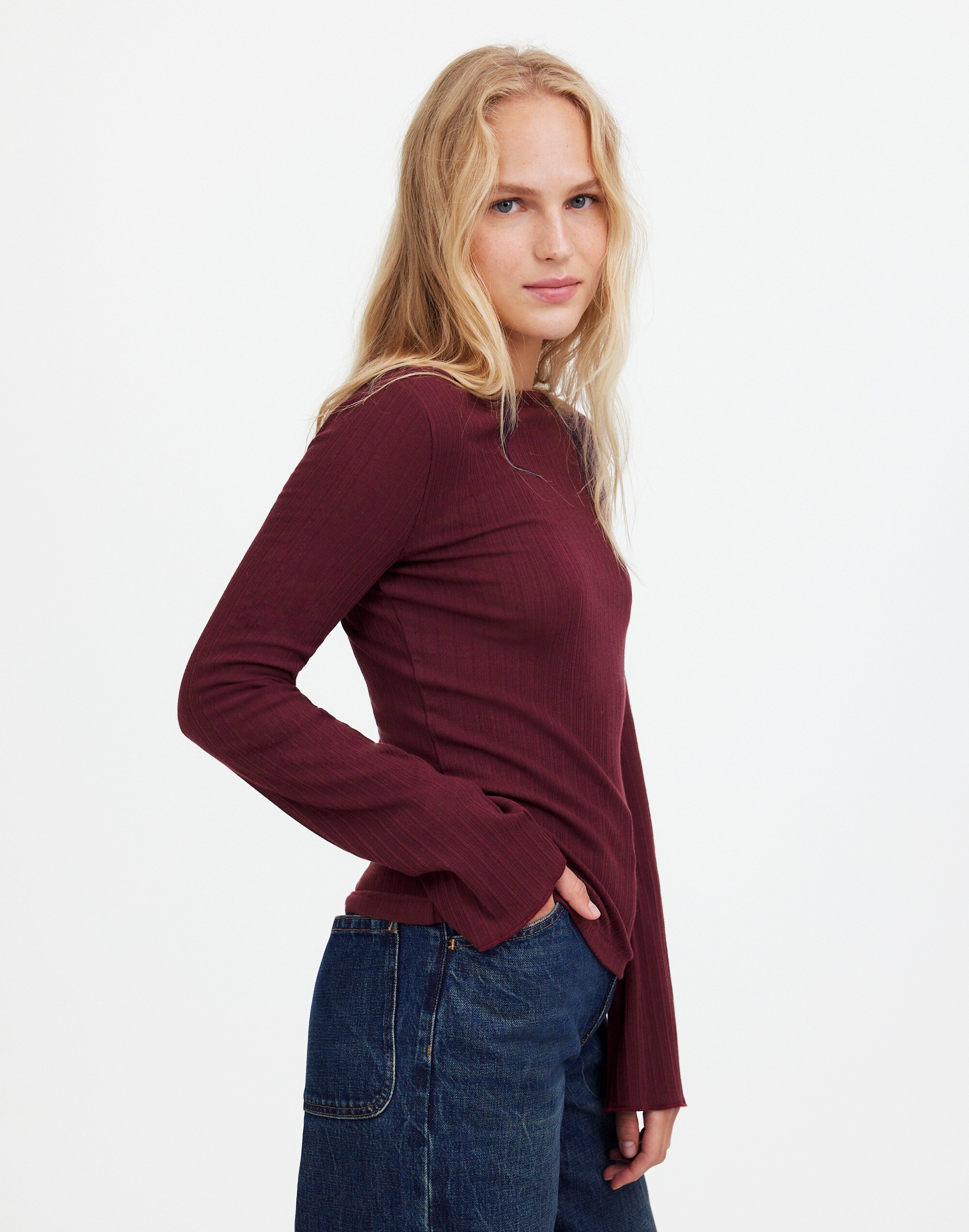 Ribbed Long-Sleeve Boatneck Top