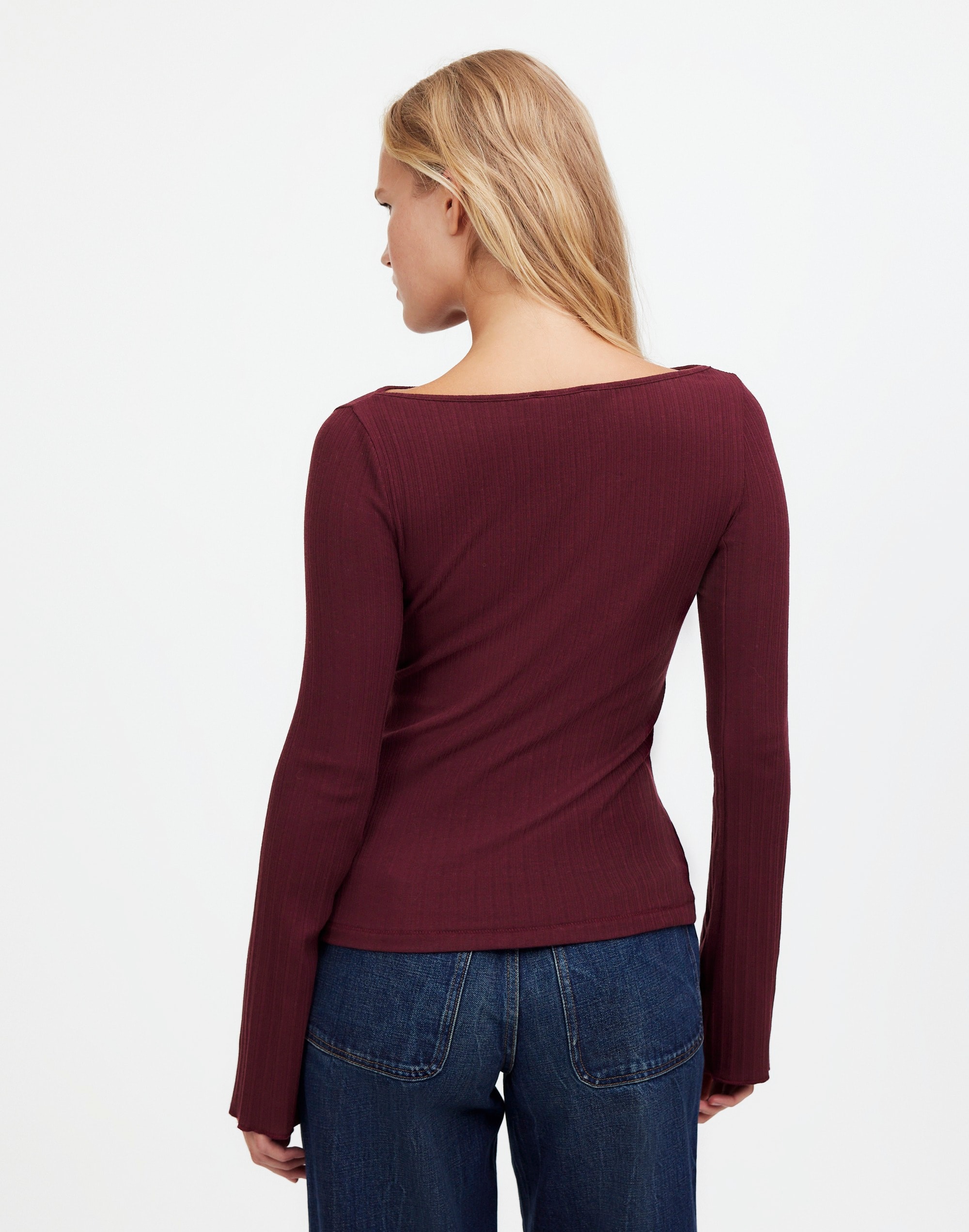Ribbed Long-Sleeve Boatneck Top