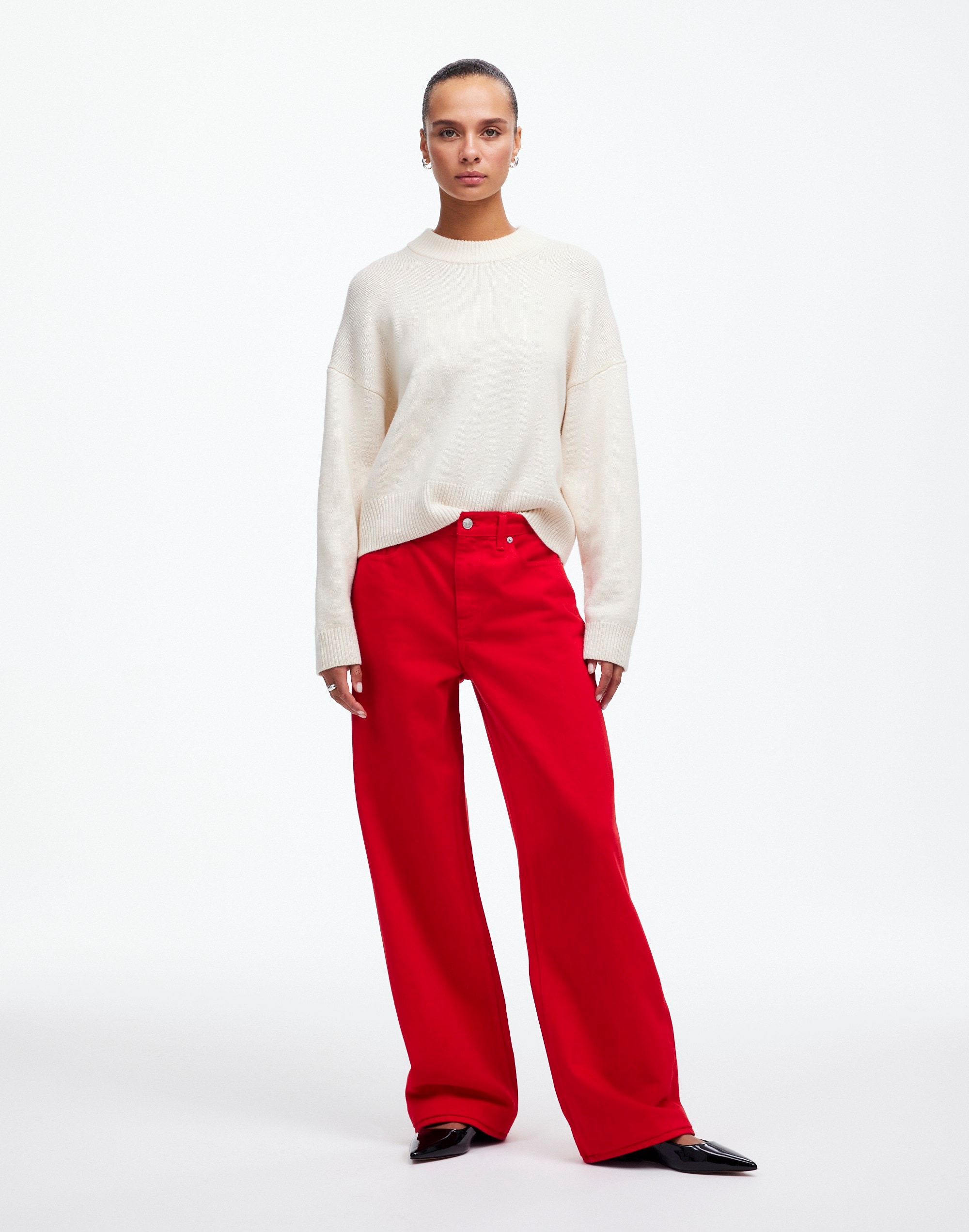 low-slung baggy jeans in bright cherry