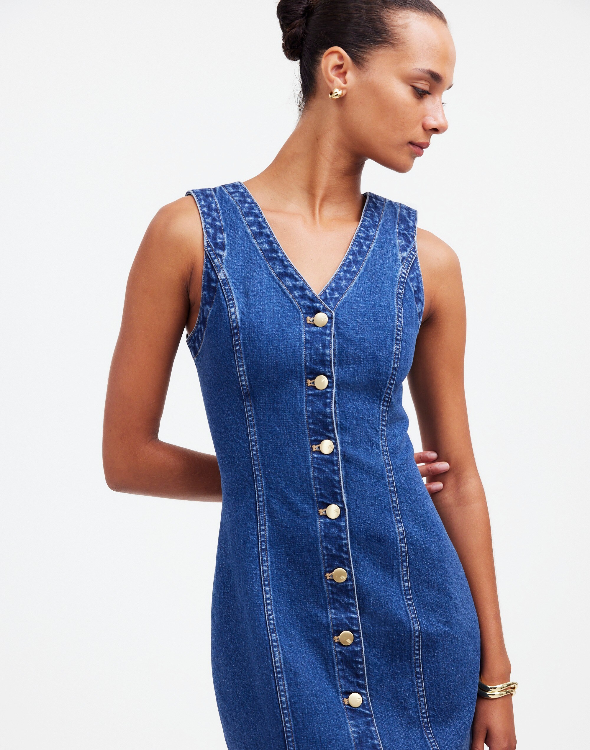 Denim V-Neck Midi Dress