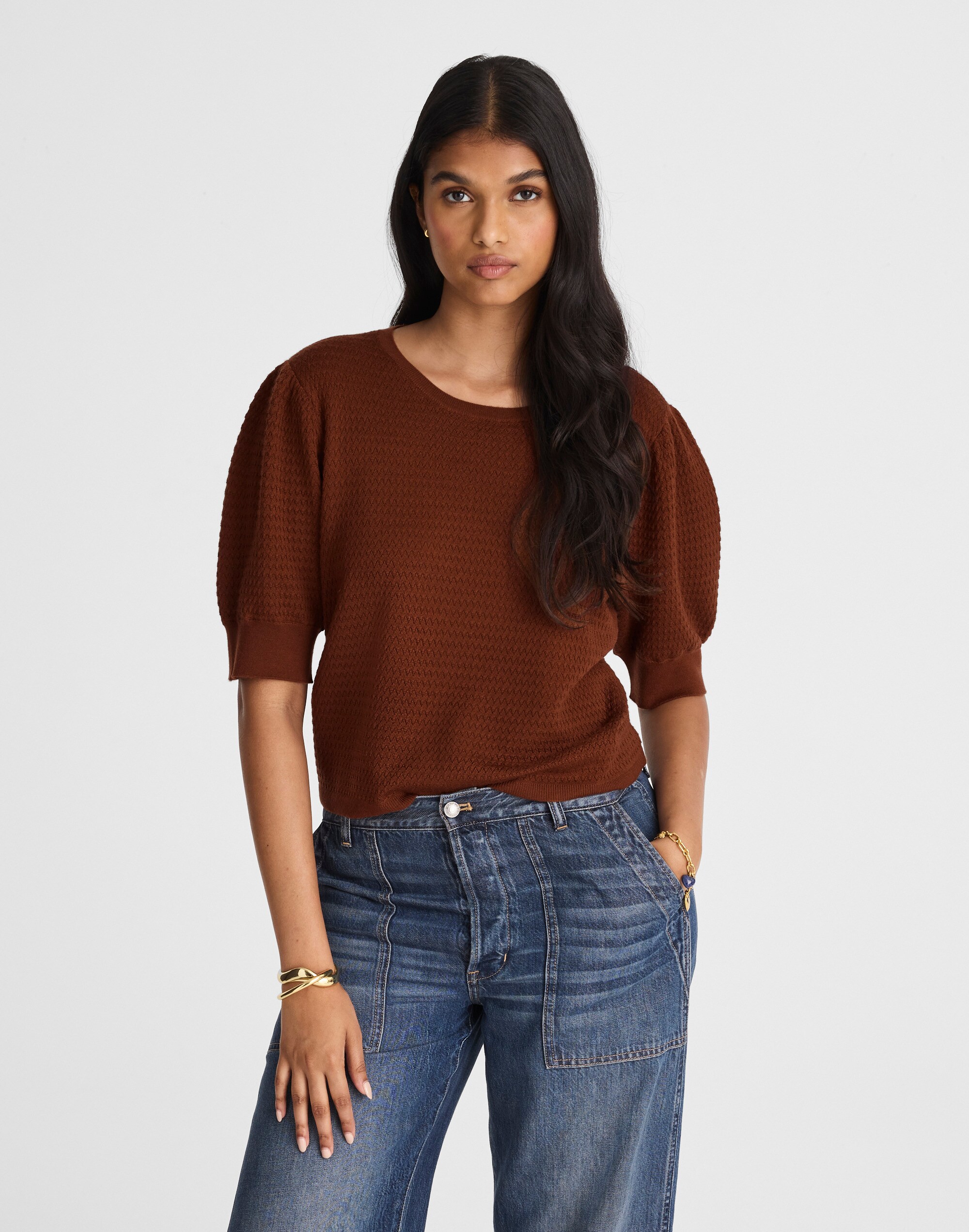 Merino Wool-Silk Blend Puff-Sleeve Sweater Tee