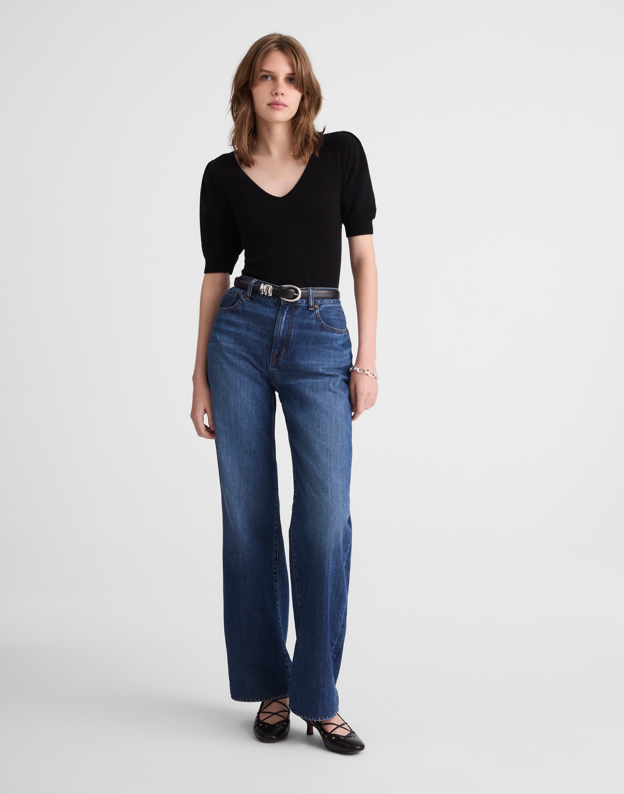 V-Neck Puff-Sleeve Sweater Tee in Cashmere