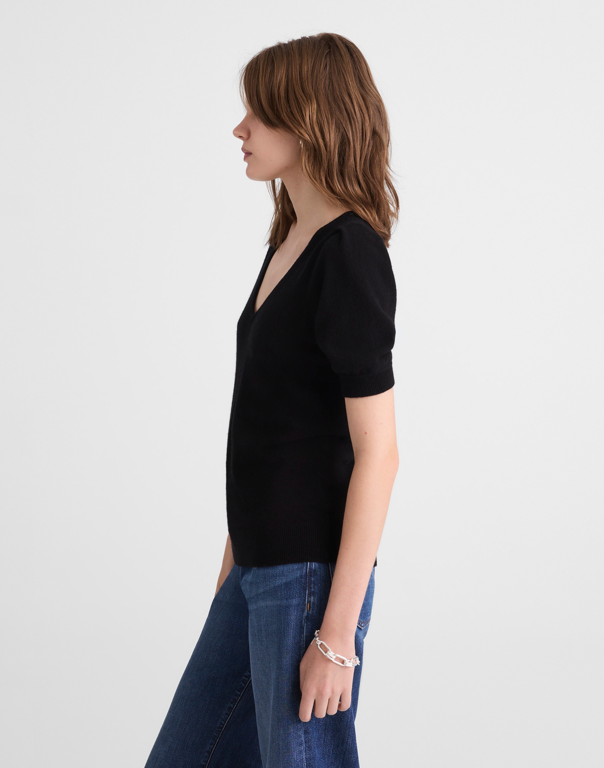 V-Neck Puff-Sleeve Sweater Tee in Cashmere