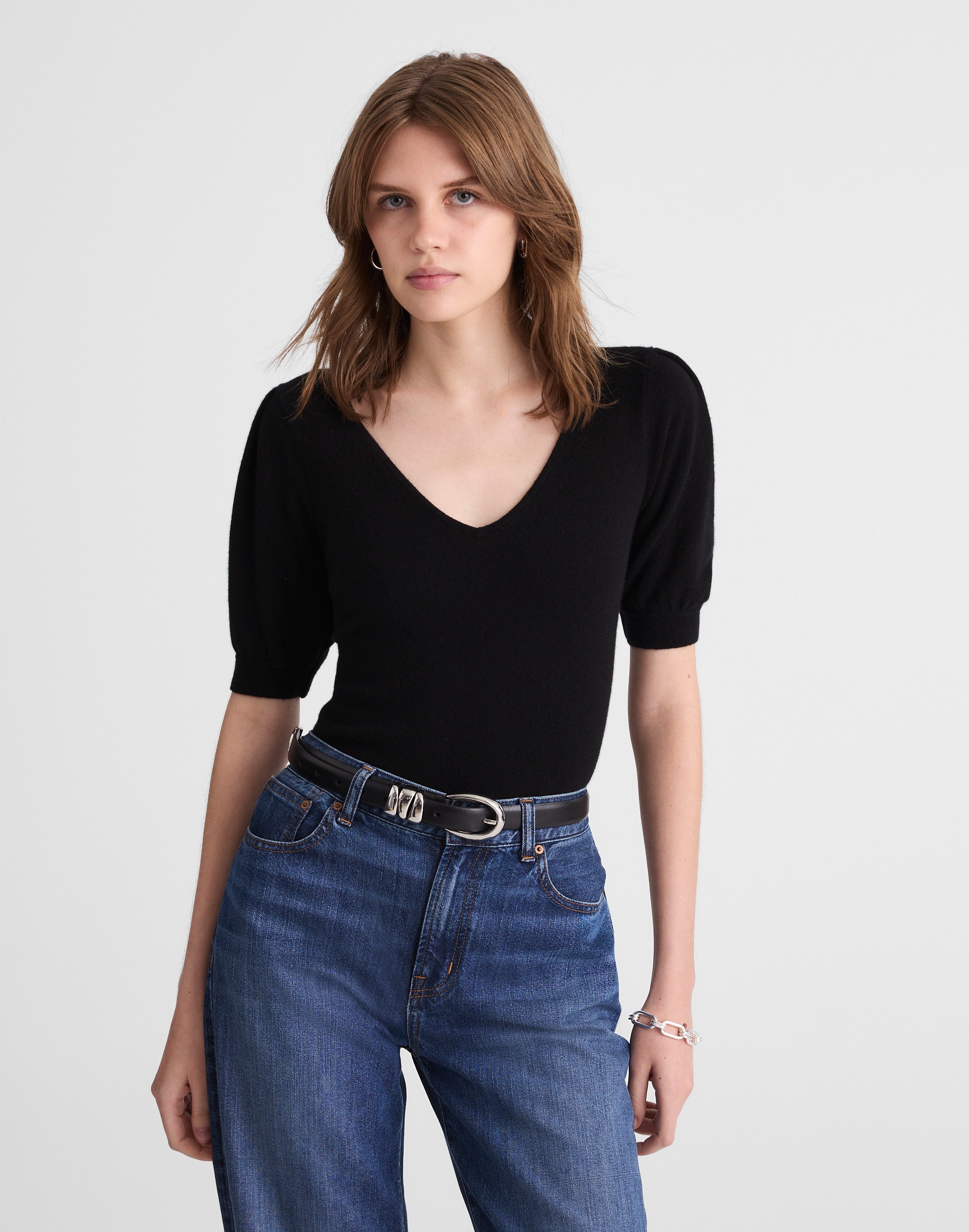V-Neck Puff-Sleeve Sweater Tee in Cashmere