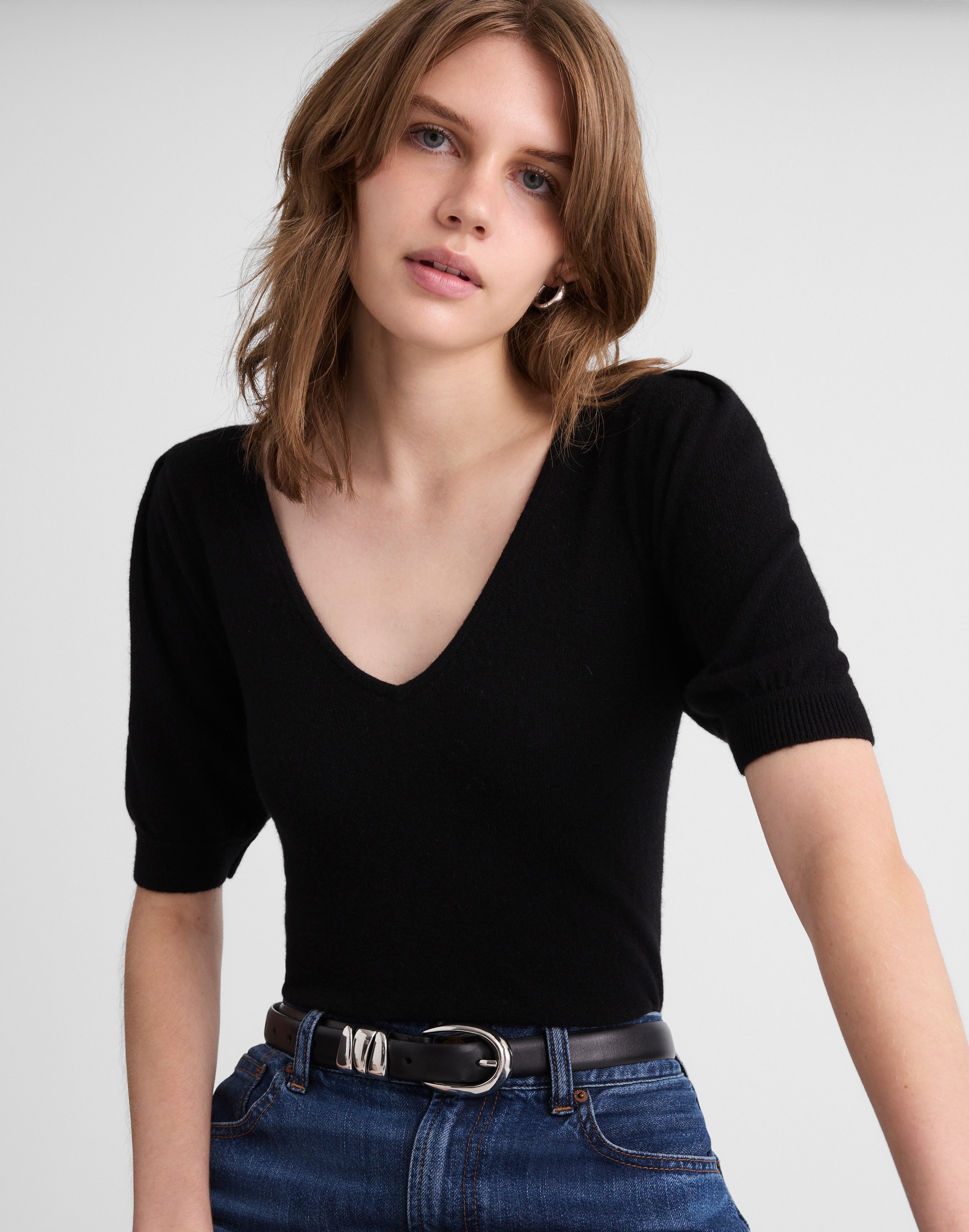 Madewell Cashmere V-neck Puff-sleeve Sweater Tee In Heather Asphalt