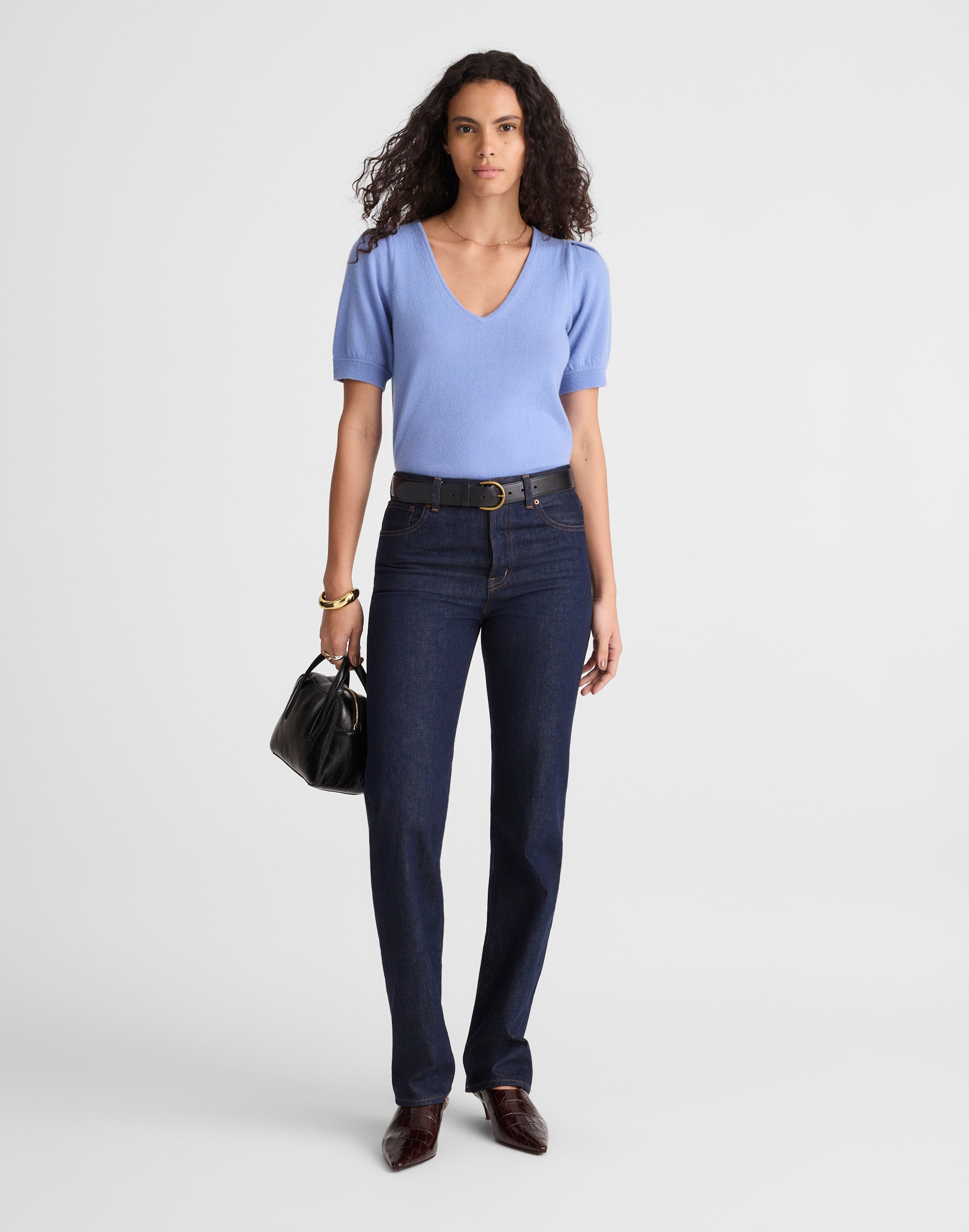 V-Neck Puff-Sleeve Sweater Tee in Cashmere