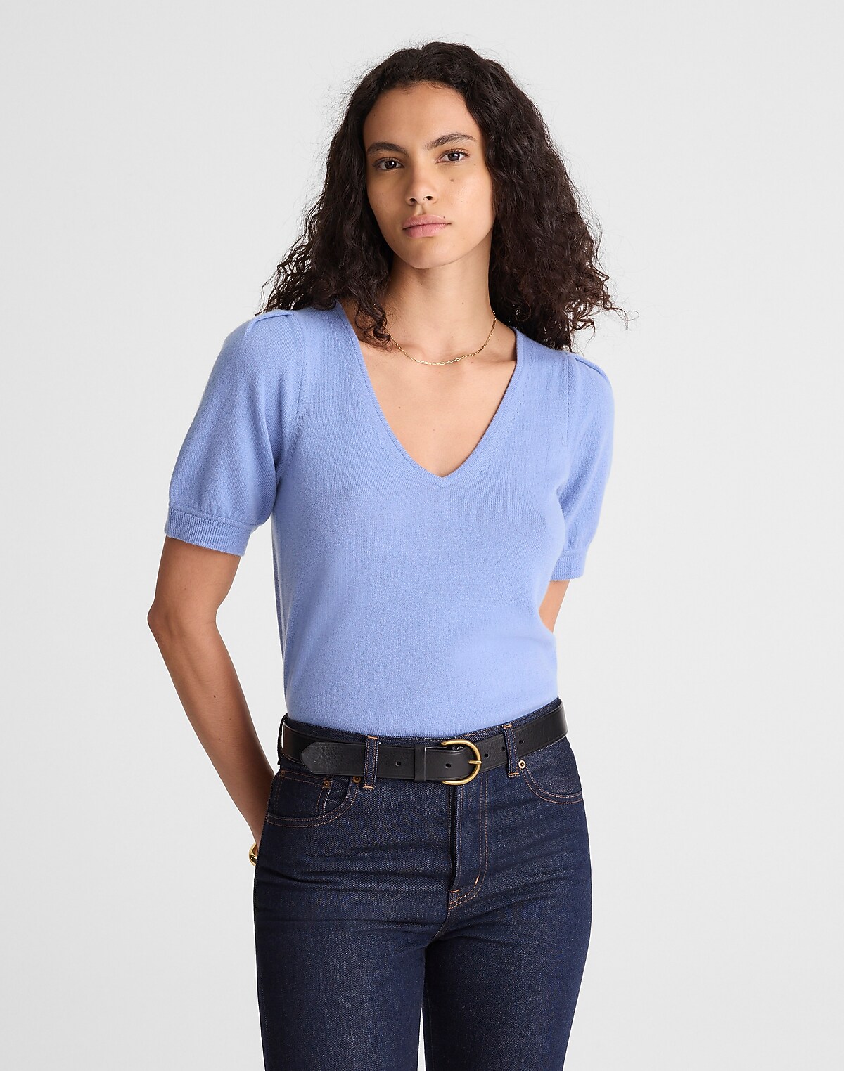 V-Neck Puff-Sleeve Sweater Tee in Cashmere